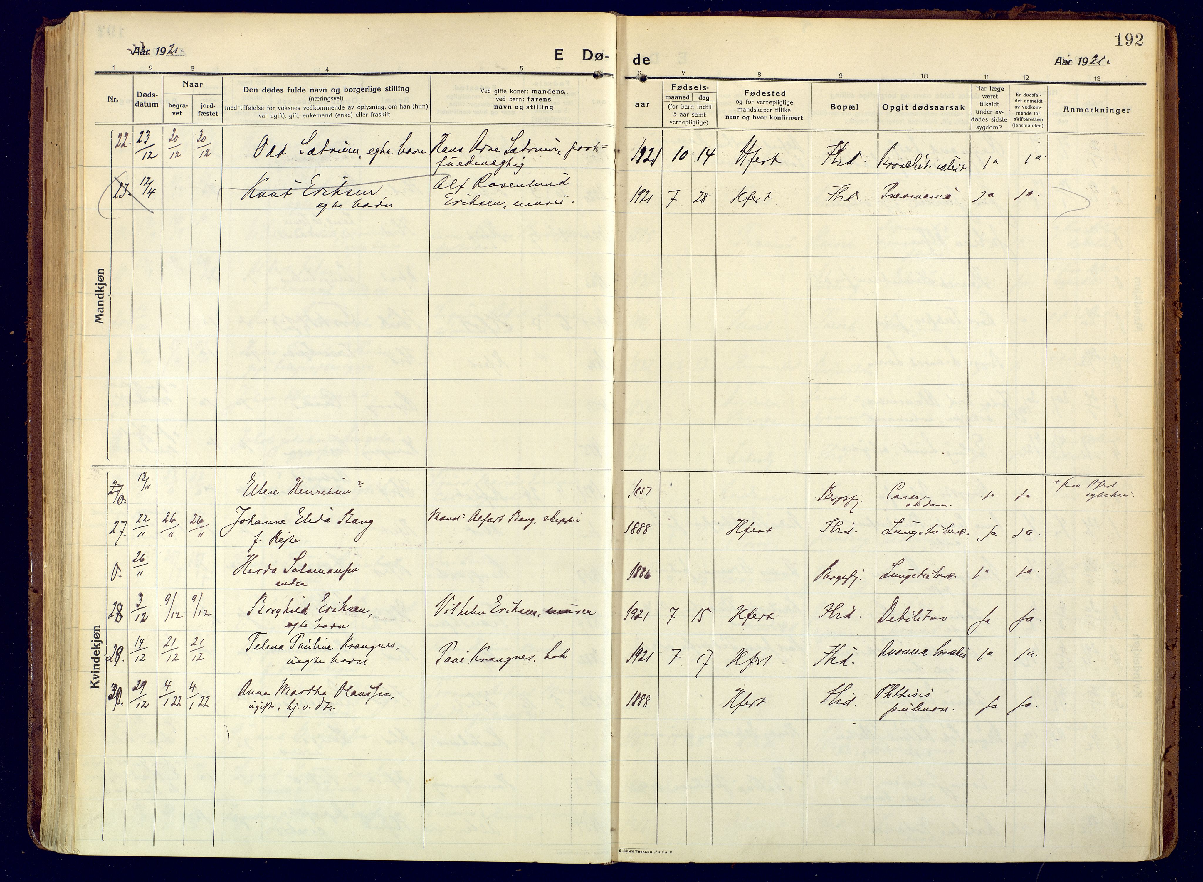 Hammerfest sokneprestkontor, AV/SATØ-S-1347/H/Ha/L0015.kirke: Parish register (official) no. 15, 1916-1923, p. 192