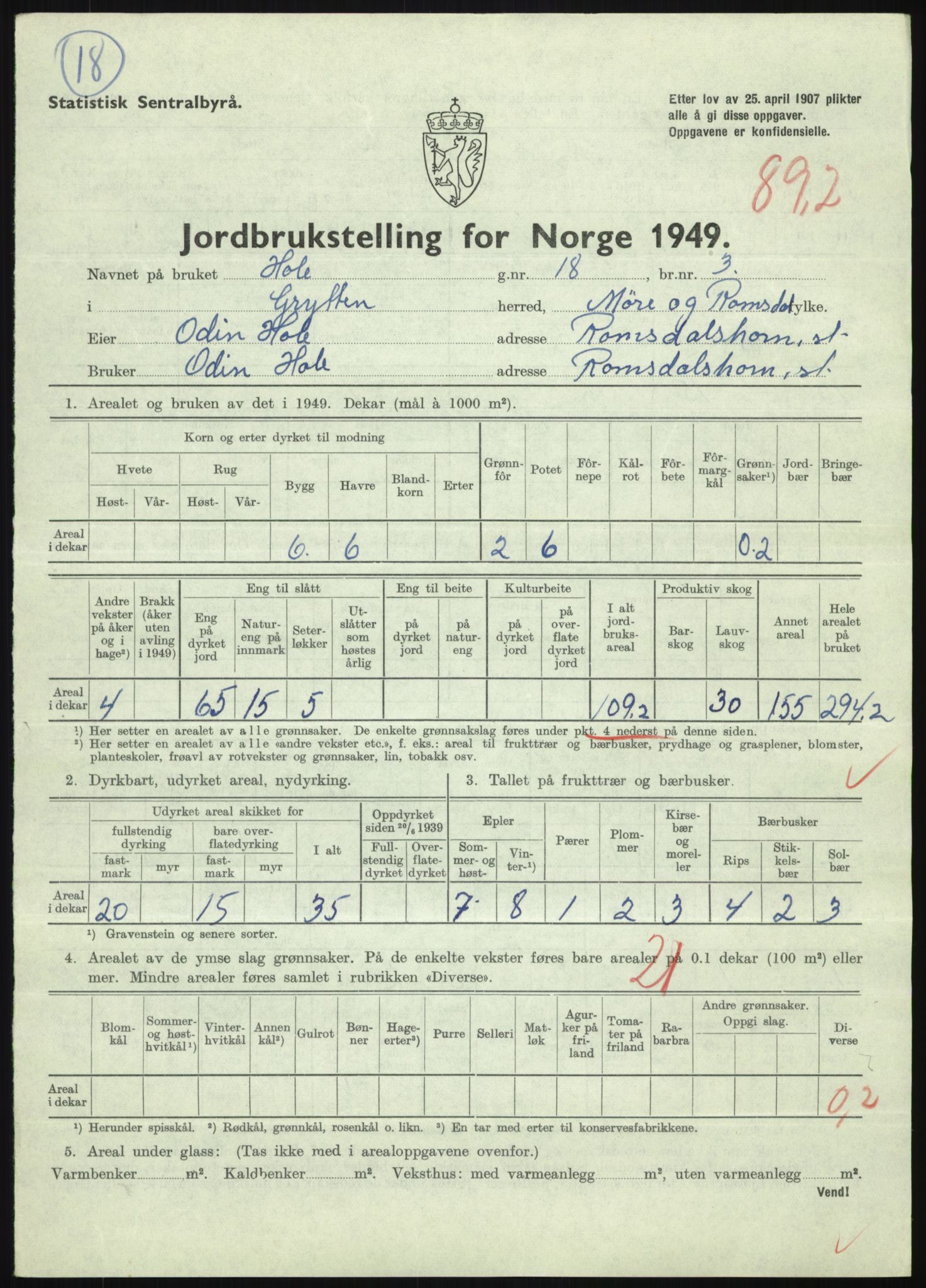 Statistisk sentralbyrå, Næringsøkonomiske emner, Jordbruk, skogbruk, jakt, fiske og fangst, AV/RA-S-2234/G/Gc/L0323: Møre og Romsdal: Grytten og Hen, 1949, p. 347