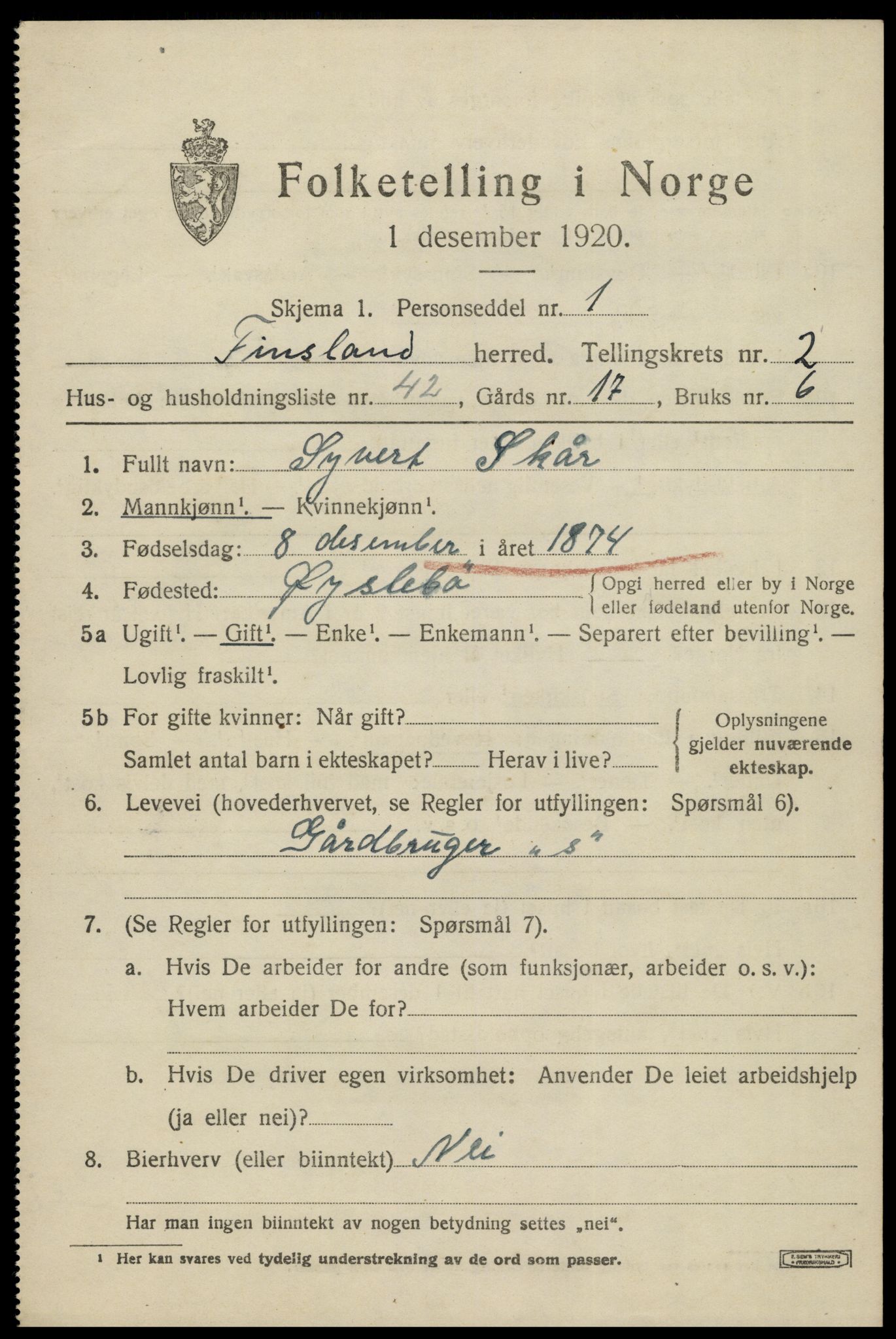 SAK, 1920 census for Finsland, 1920, p. 1170