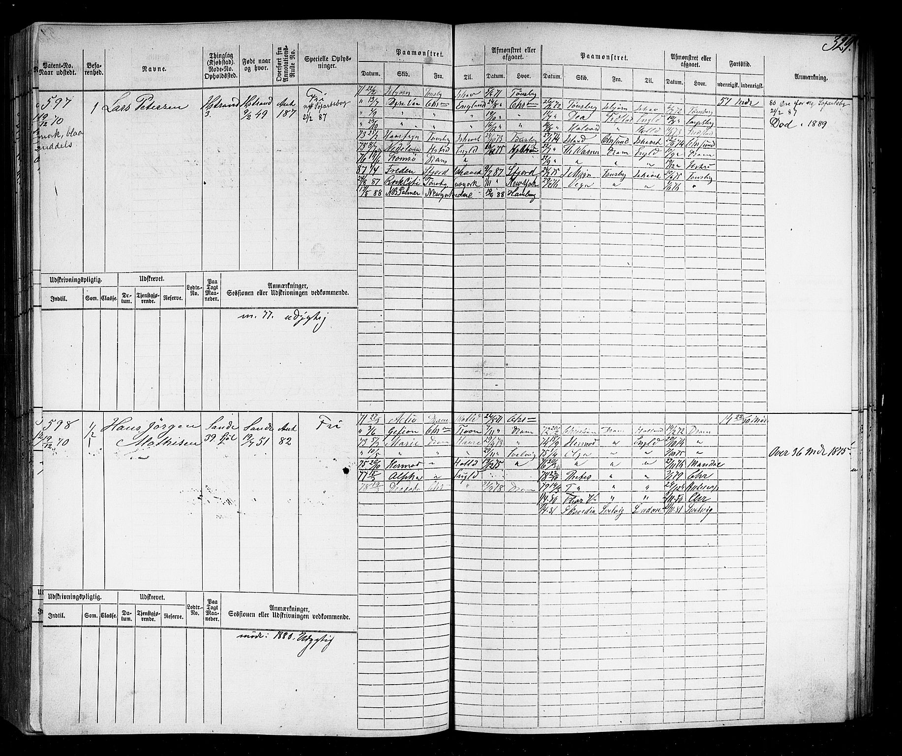 Holmestrand innrulleringskontor, AV/SAKO-A-1151/F/Fc/L0002: Hovedrulle, 1868-1872, p. 303