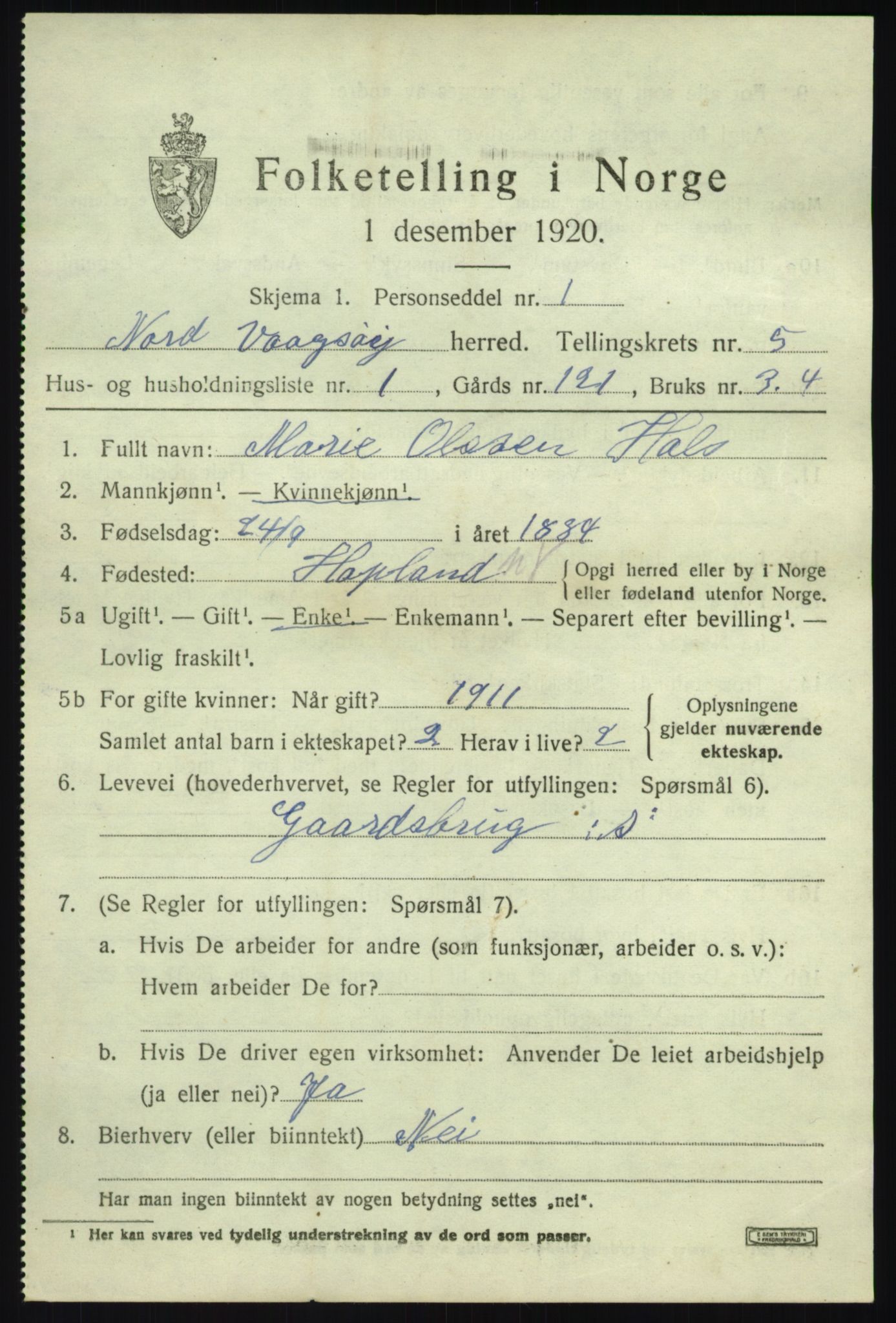 SAB, 1920 census for Nord-Vågsøy, 1920, p. 1942