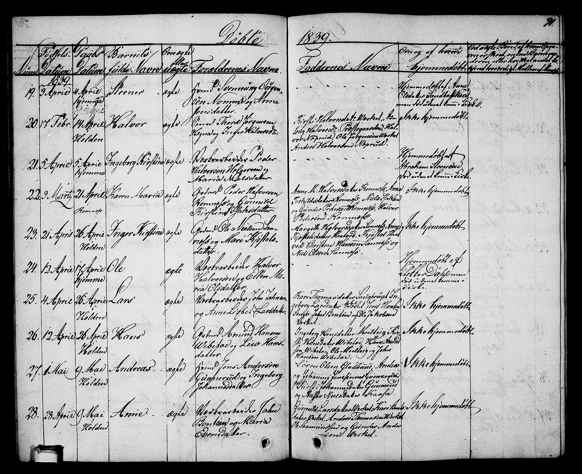 Holla kirkebøker, AV/SAKO-A-272/G/Ga/L0002: Parish register (copy) no. I 2, 1830-1848, p. 91