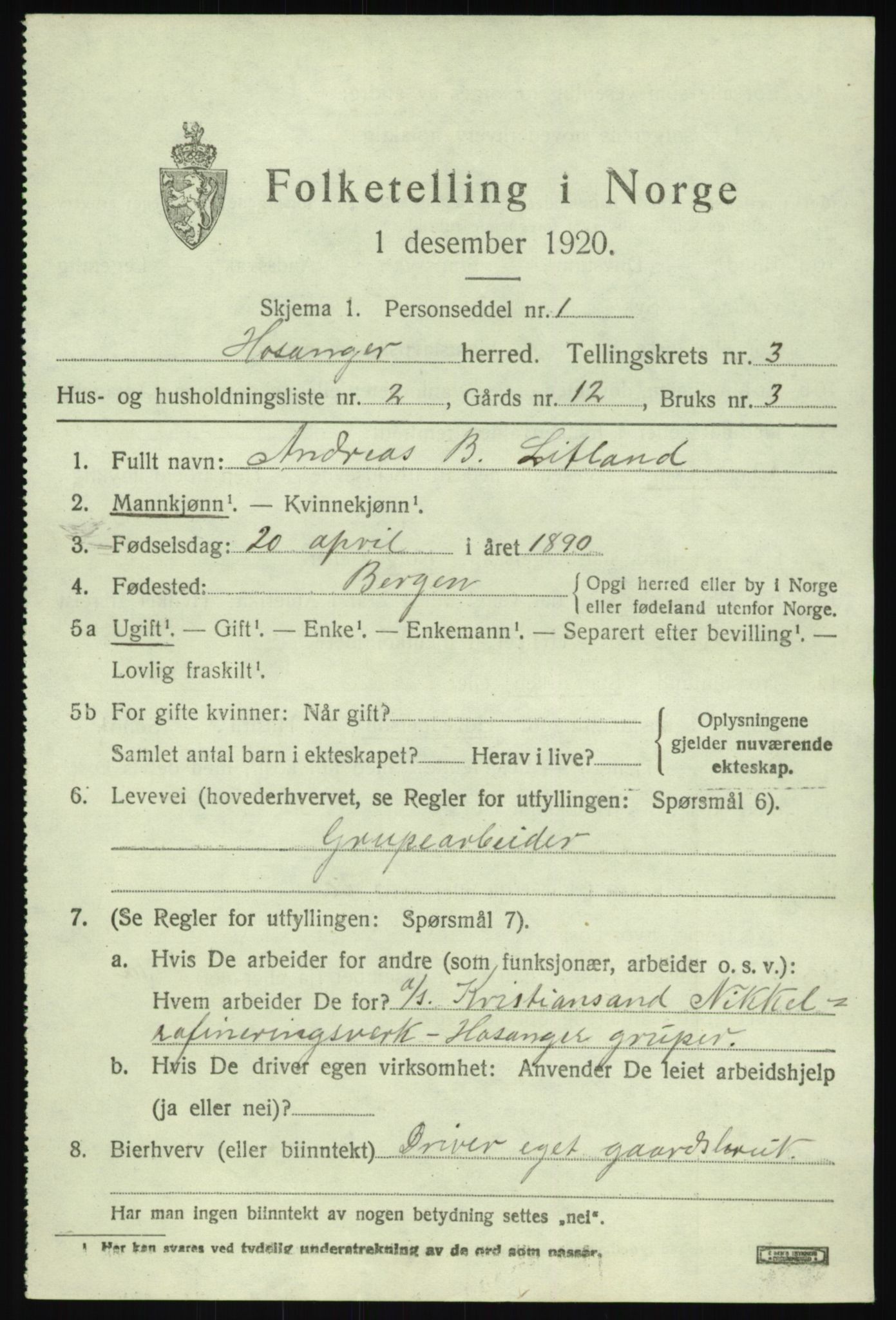 SAB, 1920 census for Hosanger, 1920, p. 1477