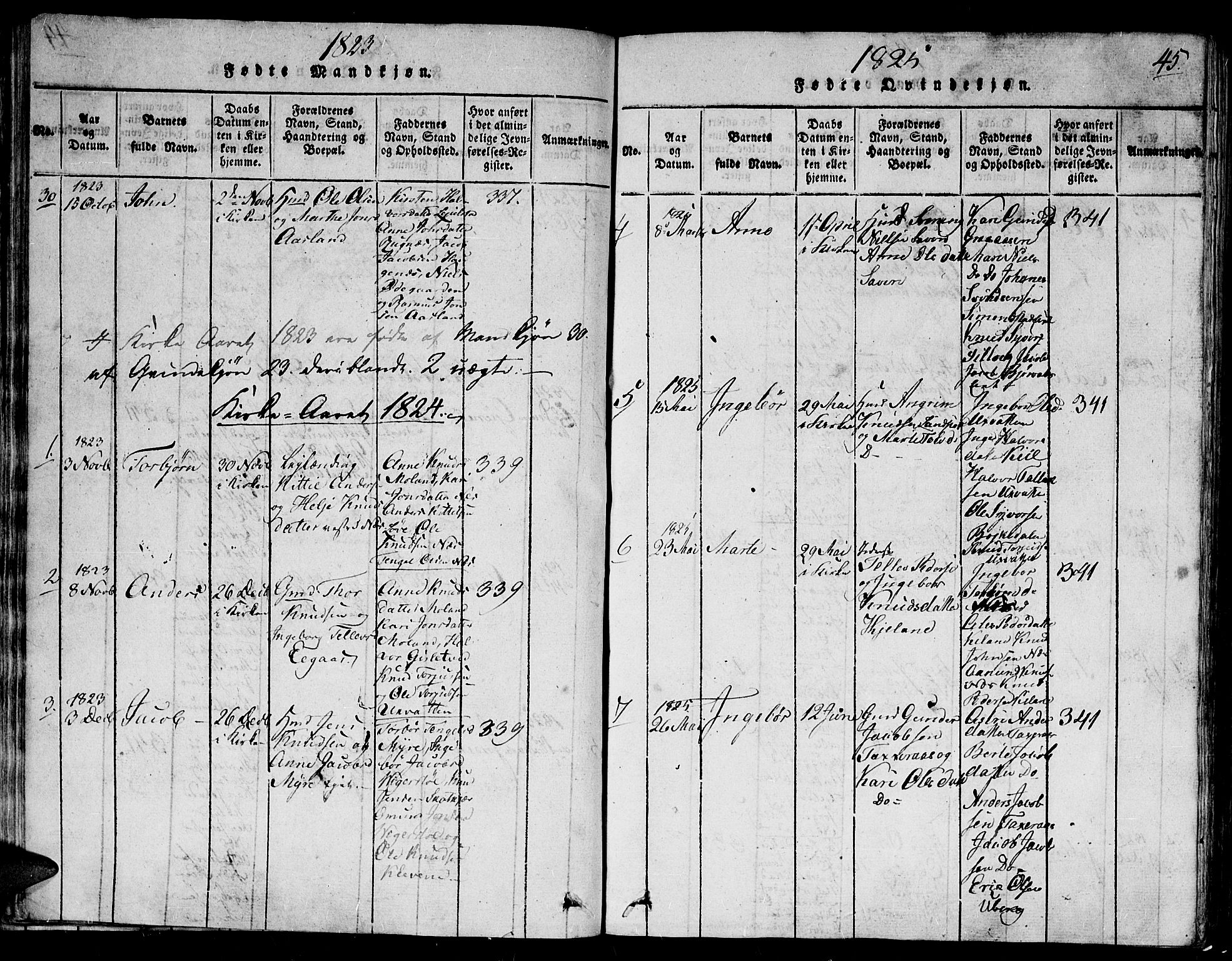 Gjerstad sokneprestkontor, AV/SAK-1111-0014/F/Fb/Fbb/L0001: Parish register (copy) no. B 1, 1813-1863, p. 45