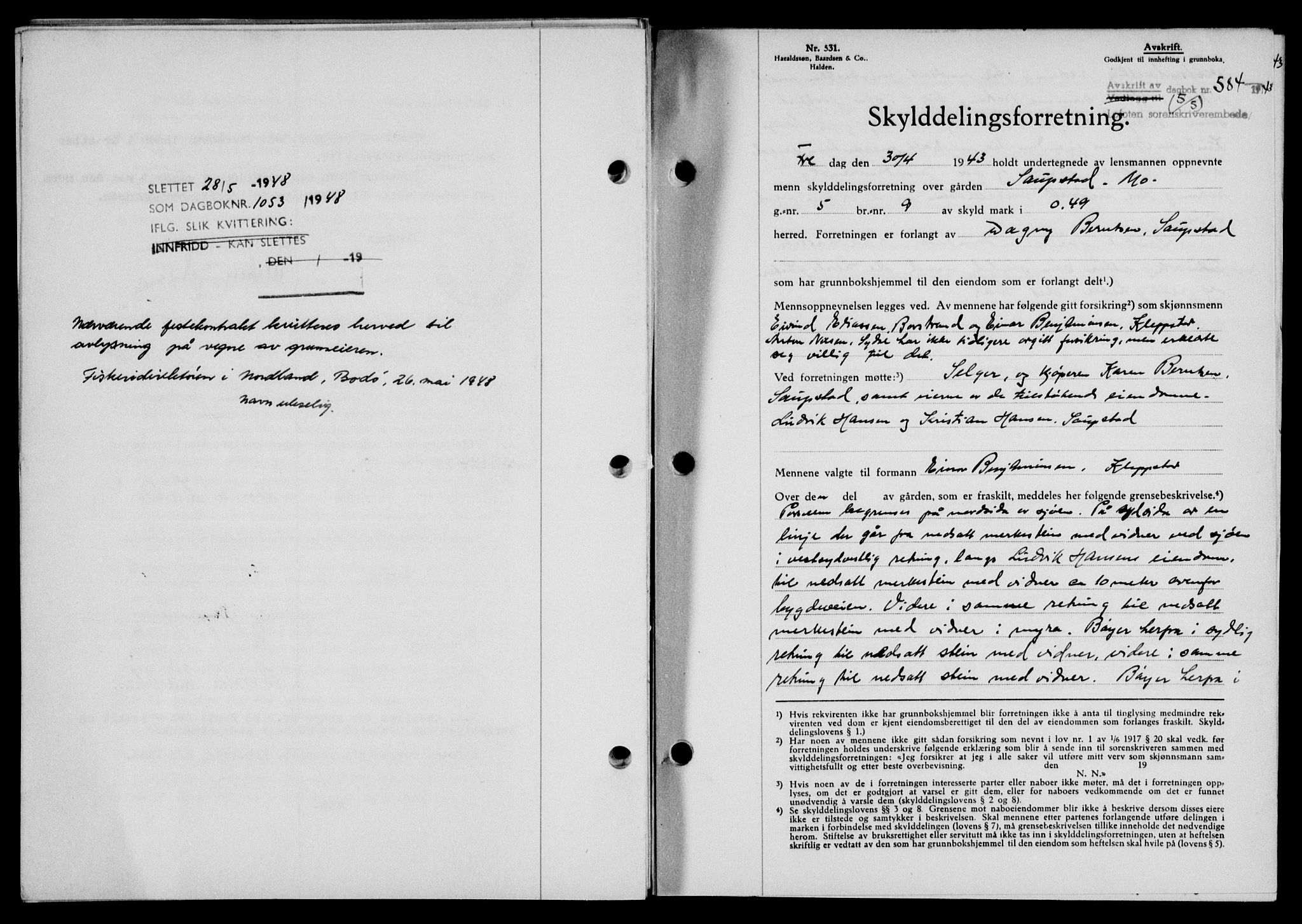 Lofoten sorenskriveri, SAT/A-0017/1/2/2C/L0011a: Mortgage book no. 11a, 1943-1943, Diary no: : 584/1943