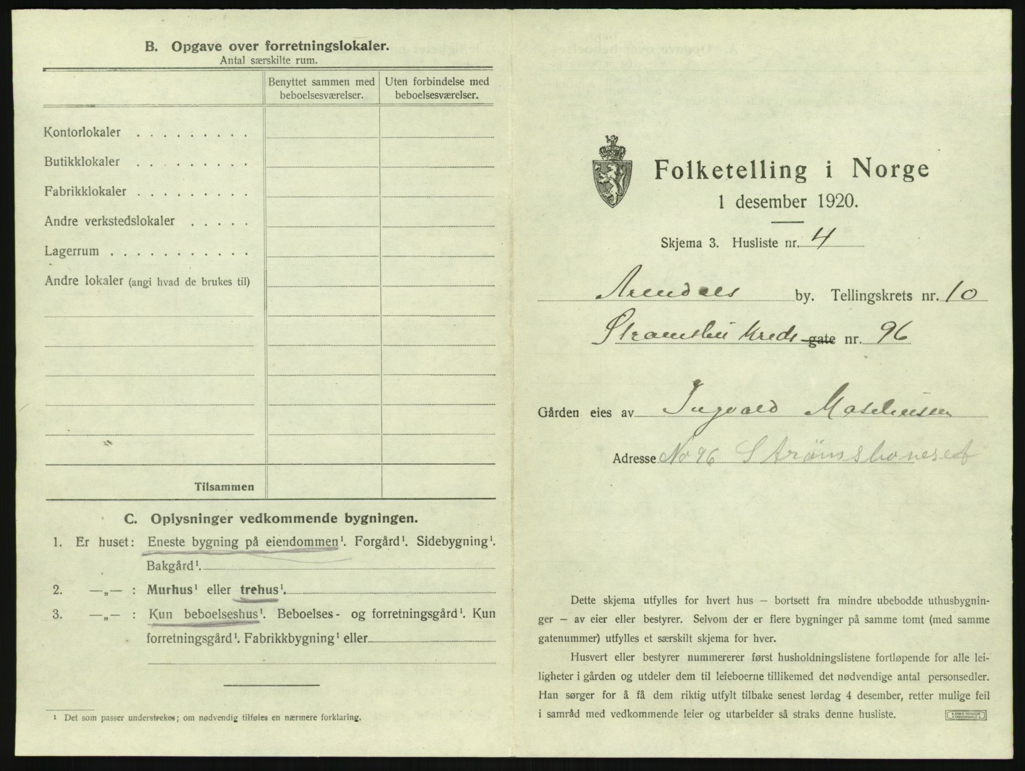 SAK, 1920 census for Arendal, 1920, p. 1294