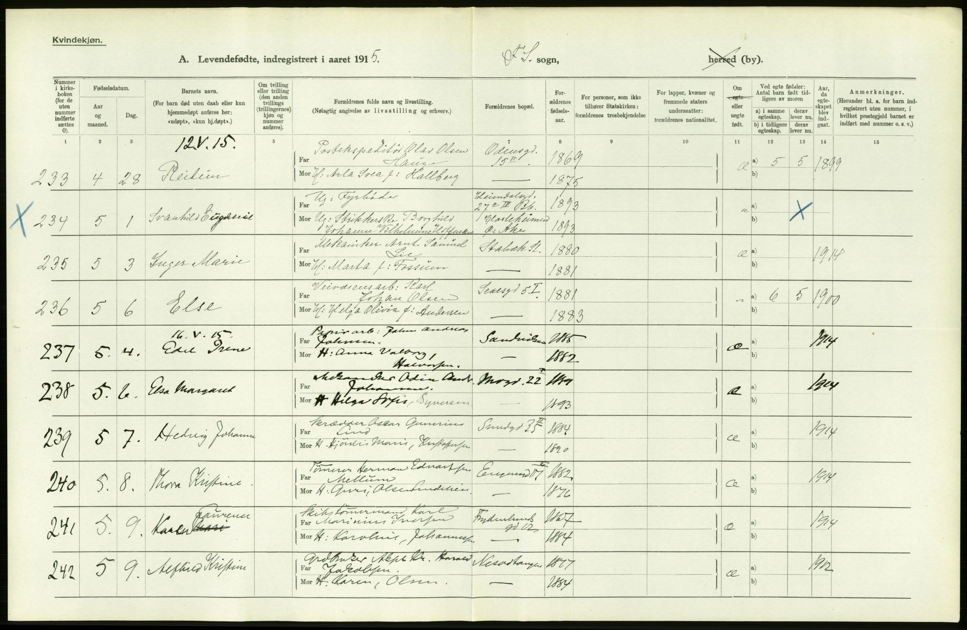 Statistisk sentralbyrå, Sosiodemografiske emner, Befolkning, AV/RA-S-2228/D/Df/Dfb/Dfbe/L0007: Kristiania: Levendefødte menn og kvinner., 1915, p. 92