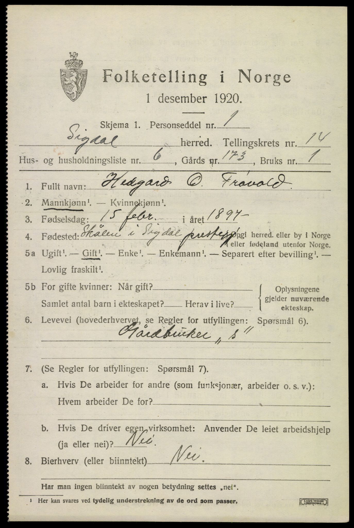 SAKO, 1920 census for Sigdal, 1920, p. 8712
