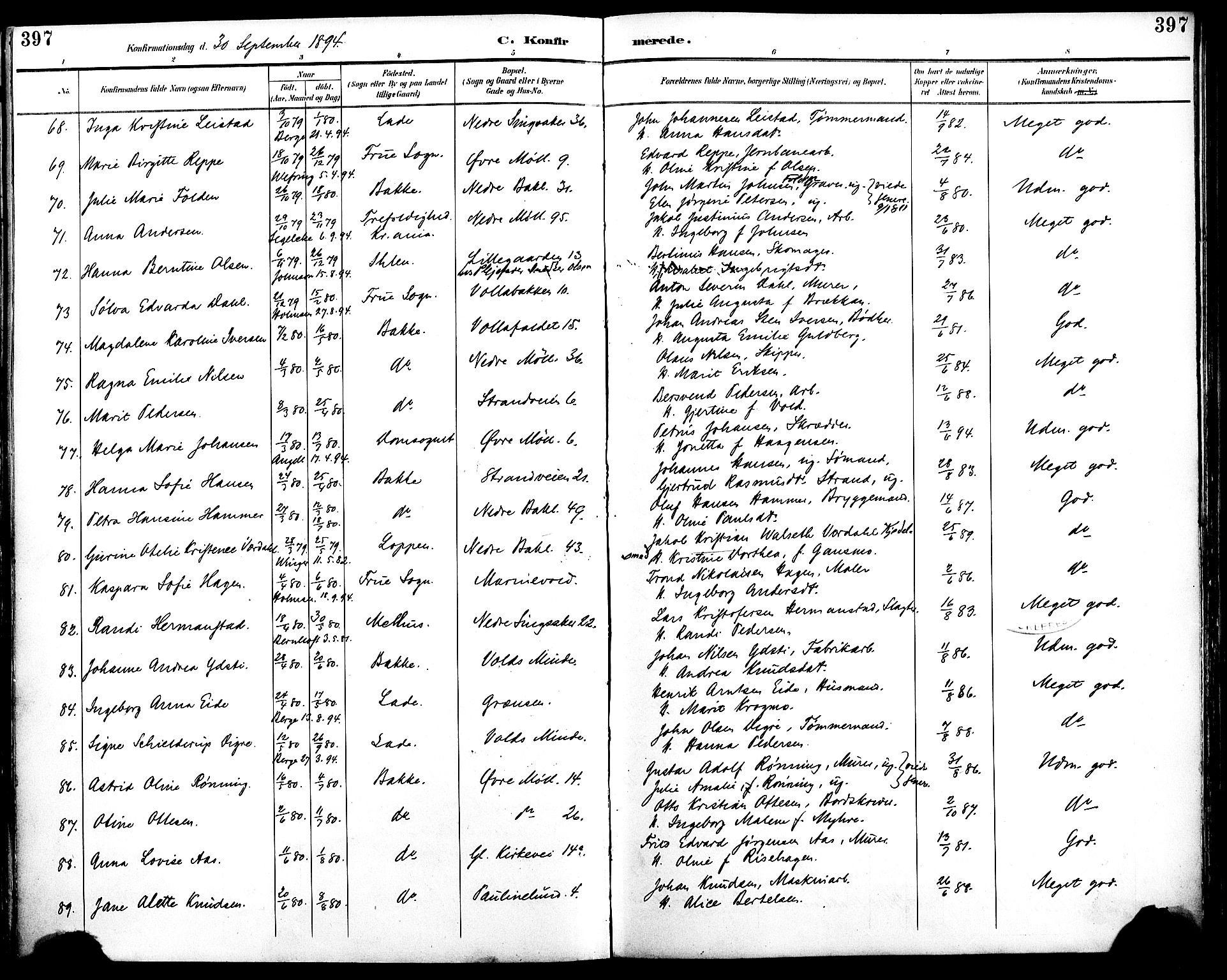 Ministerialprotokoller, klokkerbøker og fødselsregistre - Sør-Trøndelag, SAT/A-1456/604/L0197: Parish register (official) no. 604A18, 1893-1900, p. 397