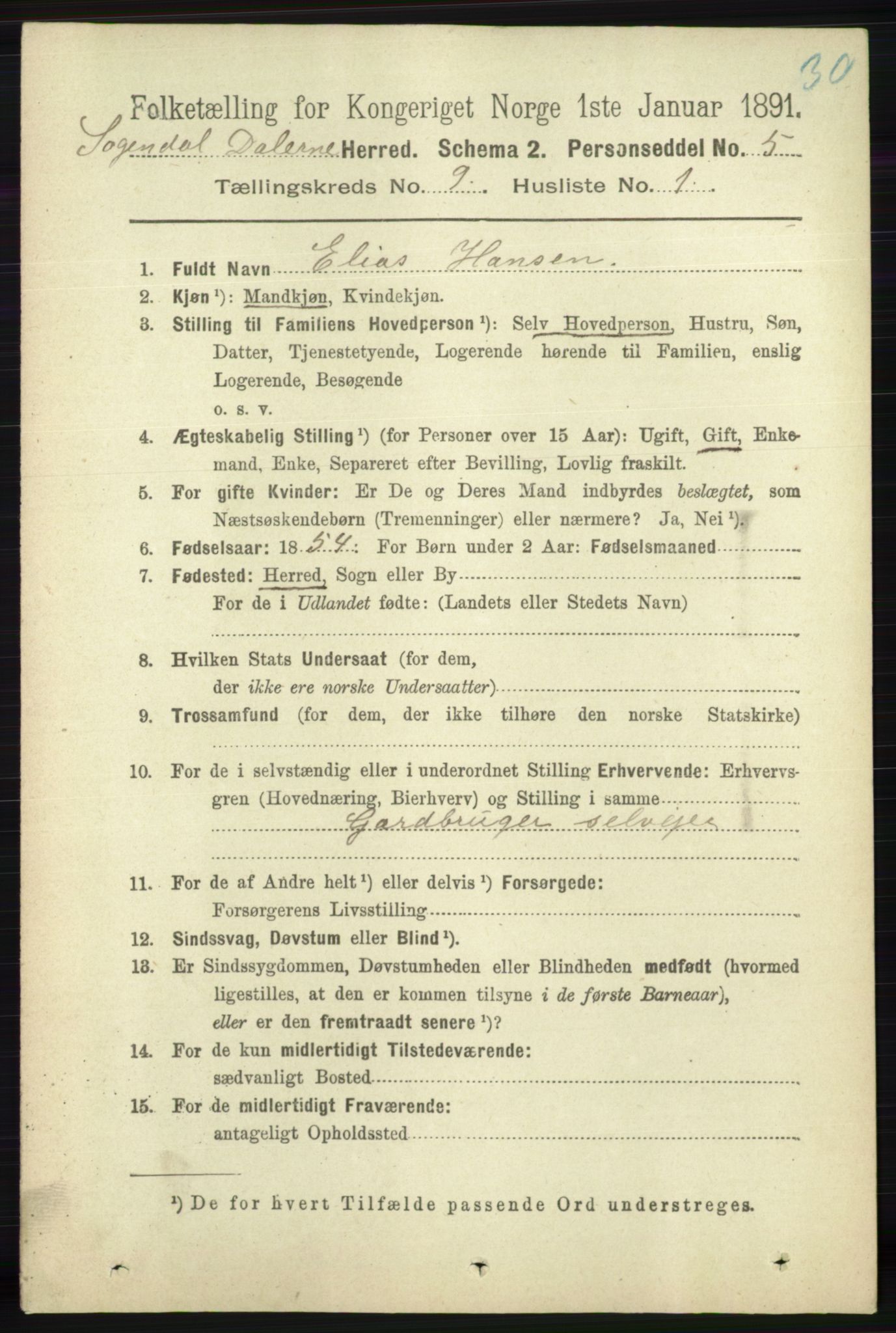 RA, 1891 census for 1111 Sokndal, 1891, p. 3158