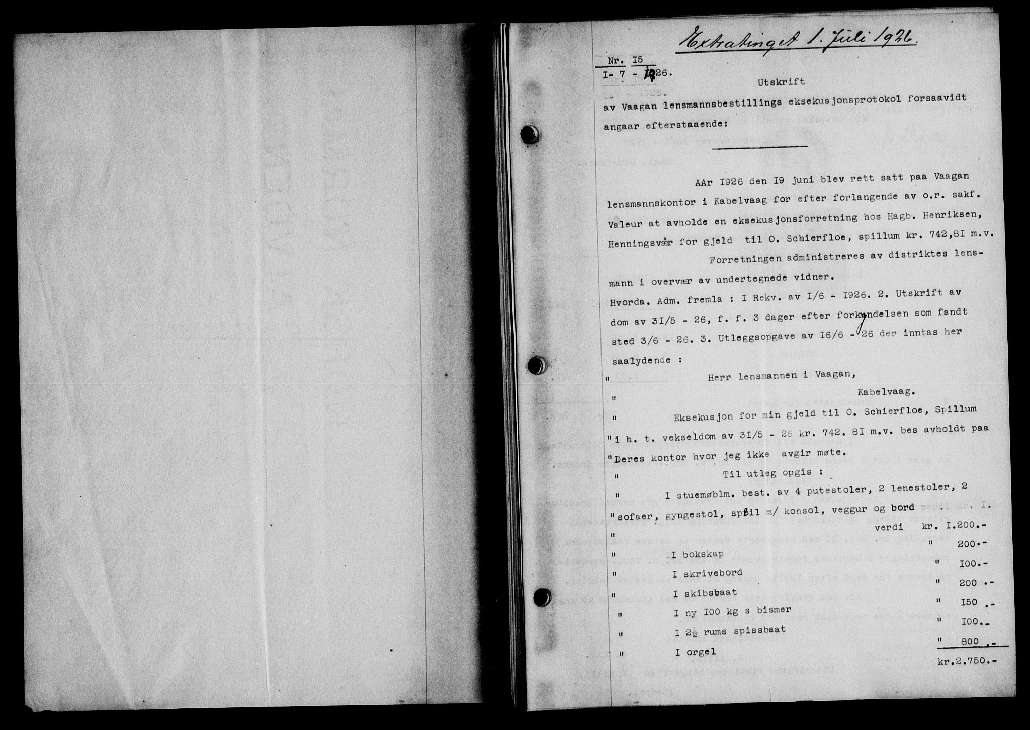 Lofoten sorenskriveri, SAT/A-0017/1/2/2C/L0014b: Mortgage book no. 14b, 1926-1926, Deed date: 01.07.1926