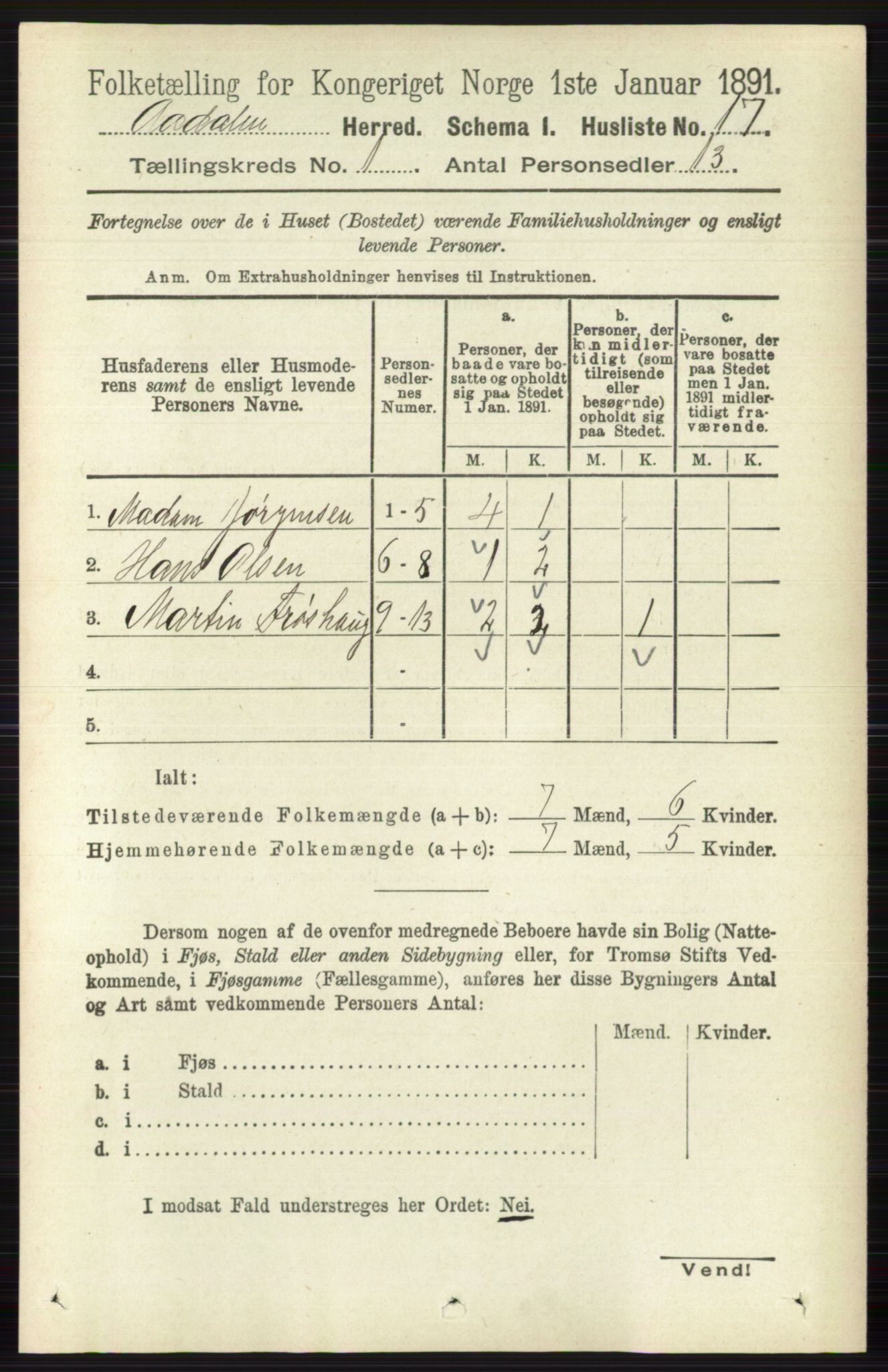 RA, 1891 census for 0614 Ådal, 1891, p. 41