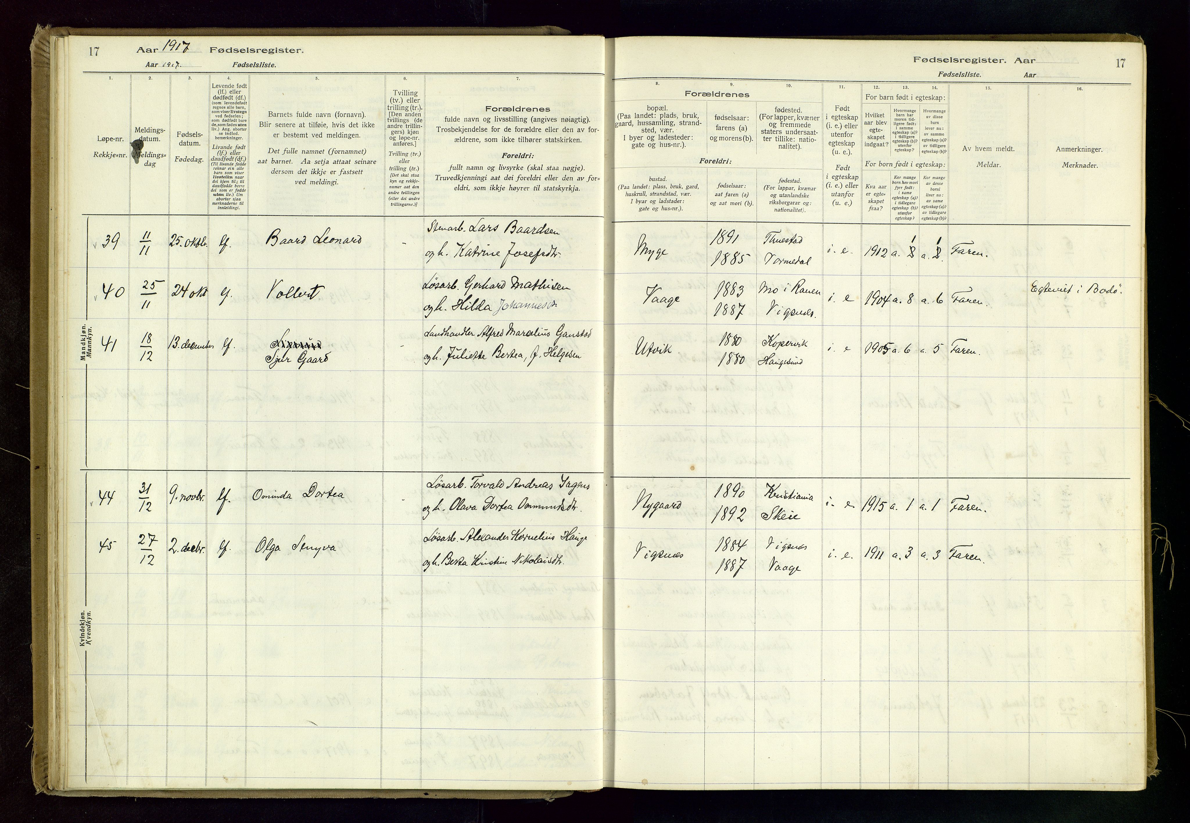 Avaldsnes sokneprestkontor, SAST/A -101851/I/Id/L0001: Birth register no. 1, 1916-1946, p. 17