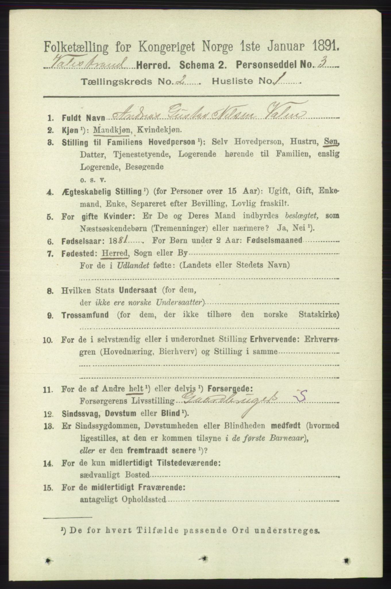 RA, 1891 census for 1217 Valestrand, 1891, p. 299