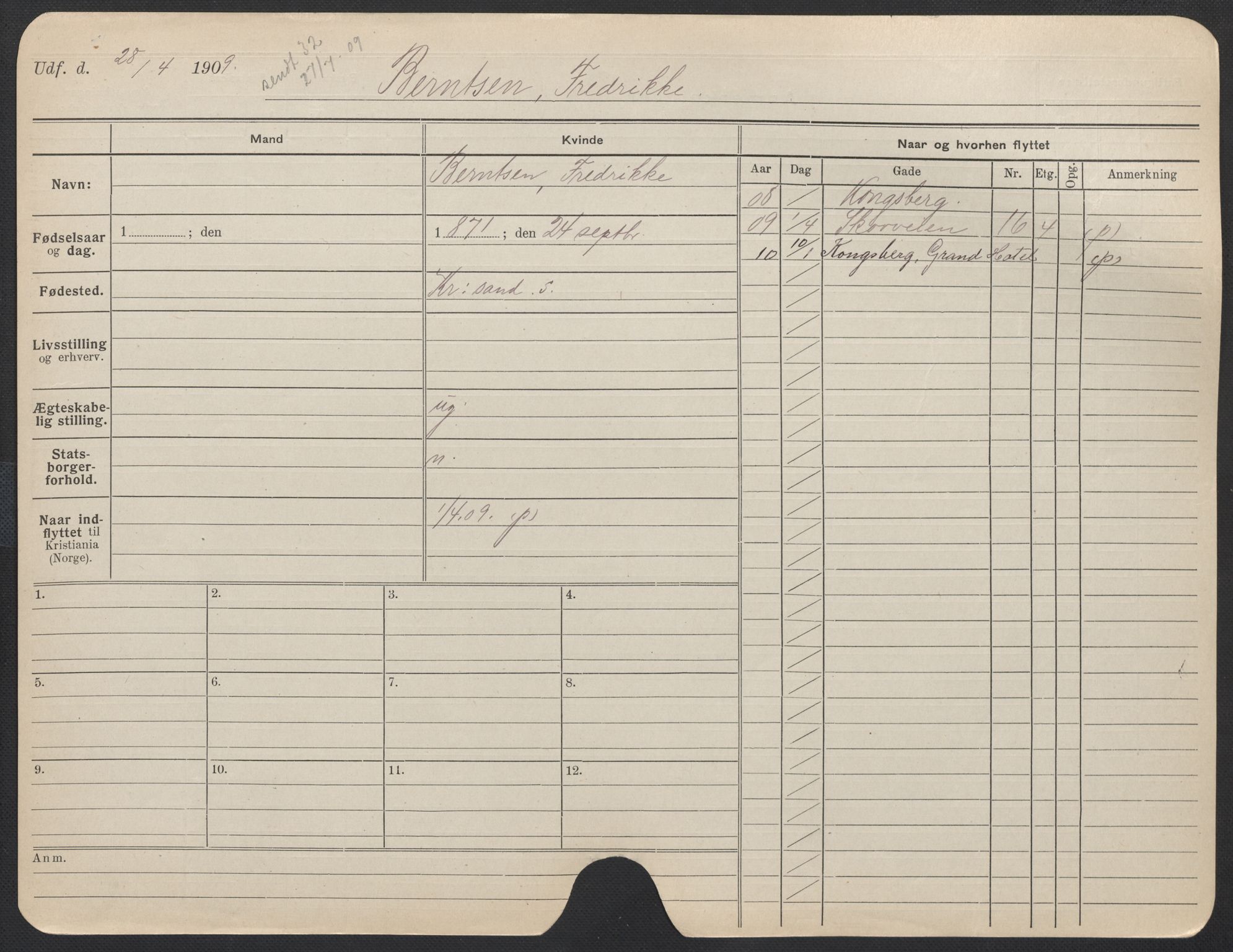 Oslo folkeregister, Registerkort, AV/SAO-A-11715/F/Fa/Fac/L0013: Kvinner, 1906-1914, p. 297a