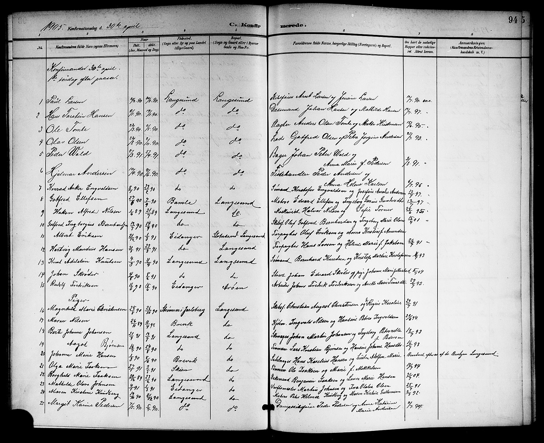 Langesund kirkebøker, SAKO/A-280/G/Ga/L0006: Parish register (copy) no. 6, 1899-1918, p. 94