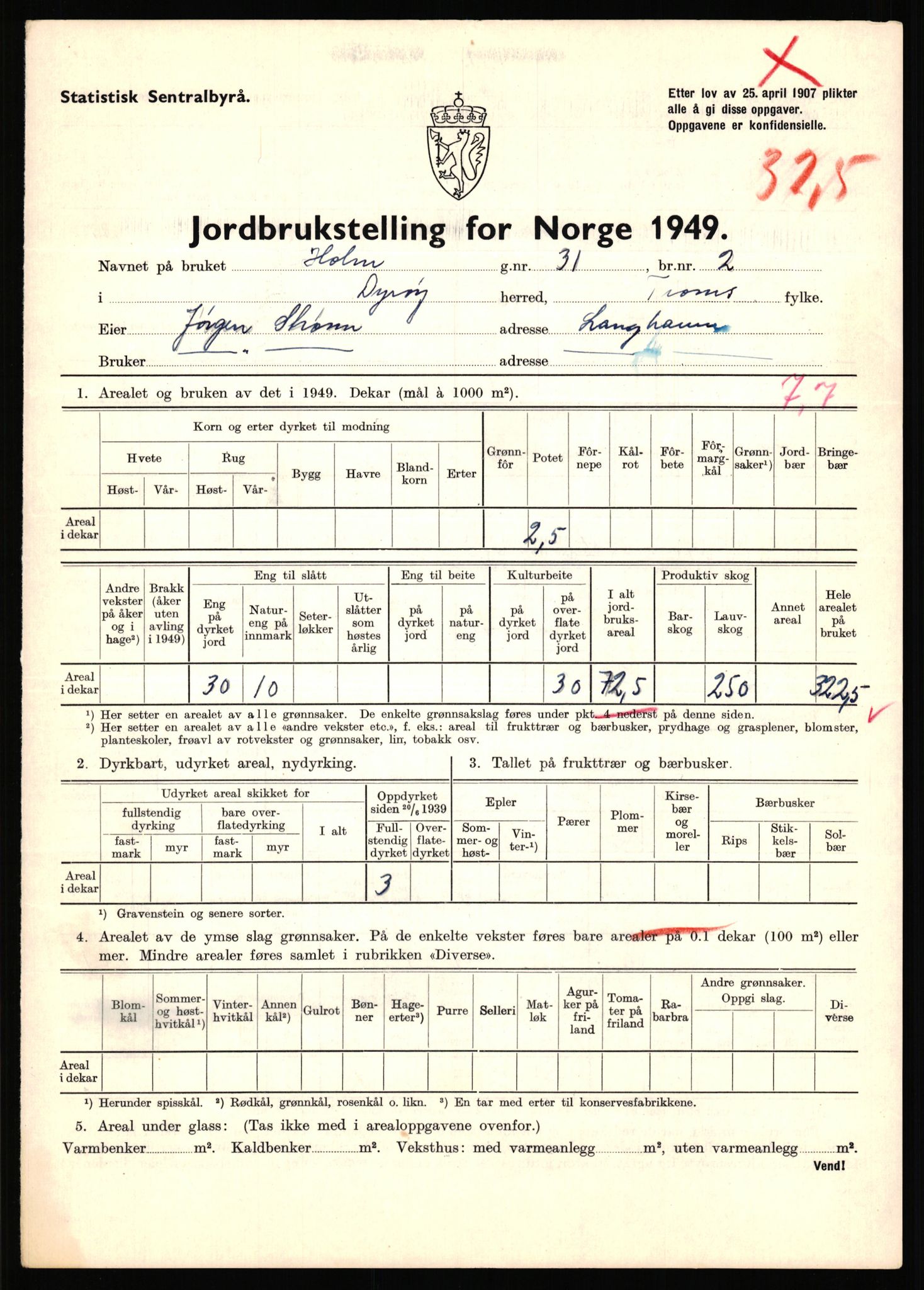 Statistisk sentralbyrå, Næringsøkonomiske emner, Jordbruk, skogbruk, jakt, fiske og fangst, AV/RA-S-2234/G/Gc/L0440: Troms: Sørreisa og Dyrøy, 1949, p. 1592