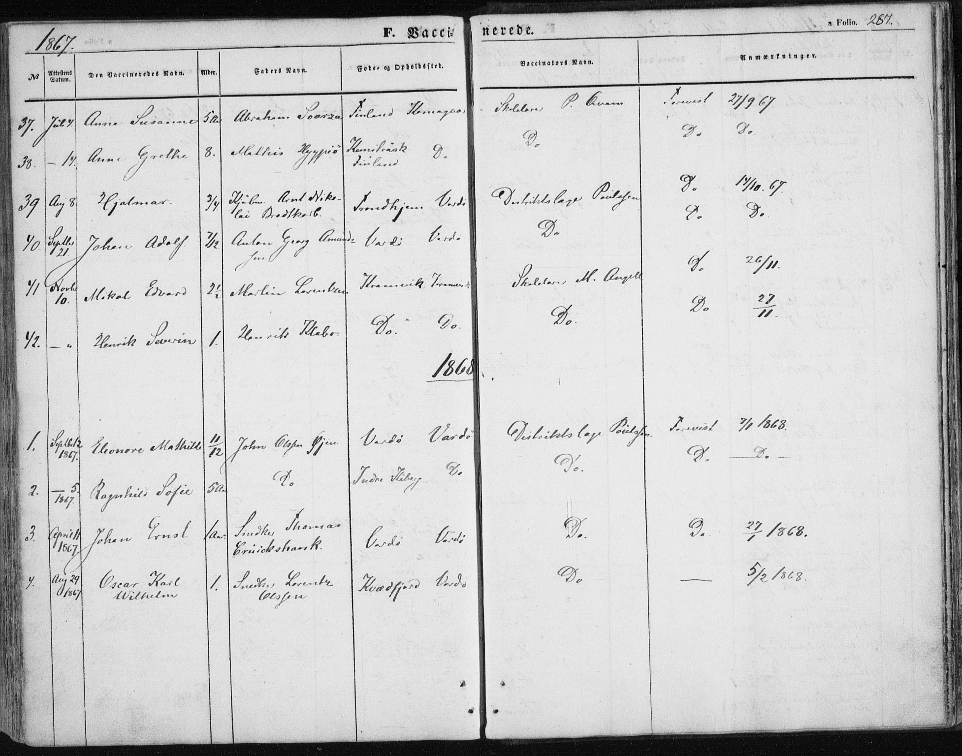 Vardø sokneprestkontor, SATØ/S-1332/H/Ha/L0004kirke: Parish register (official) no. 4, 1862-1871, p. 287