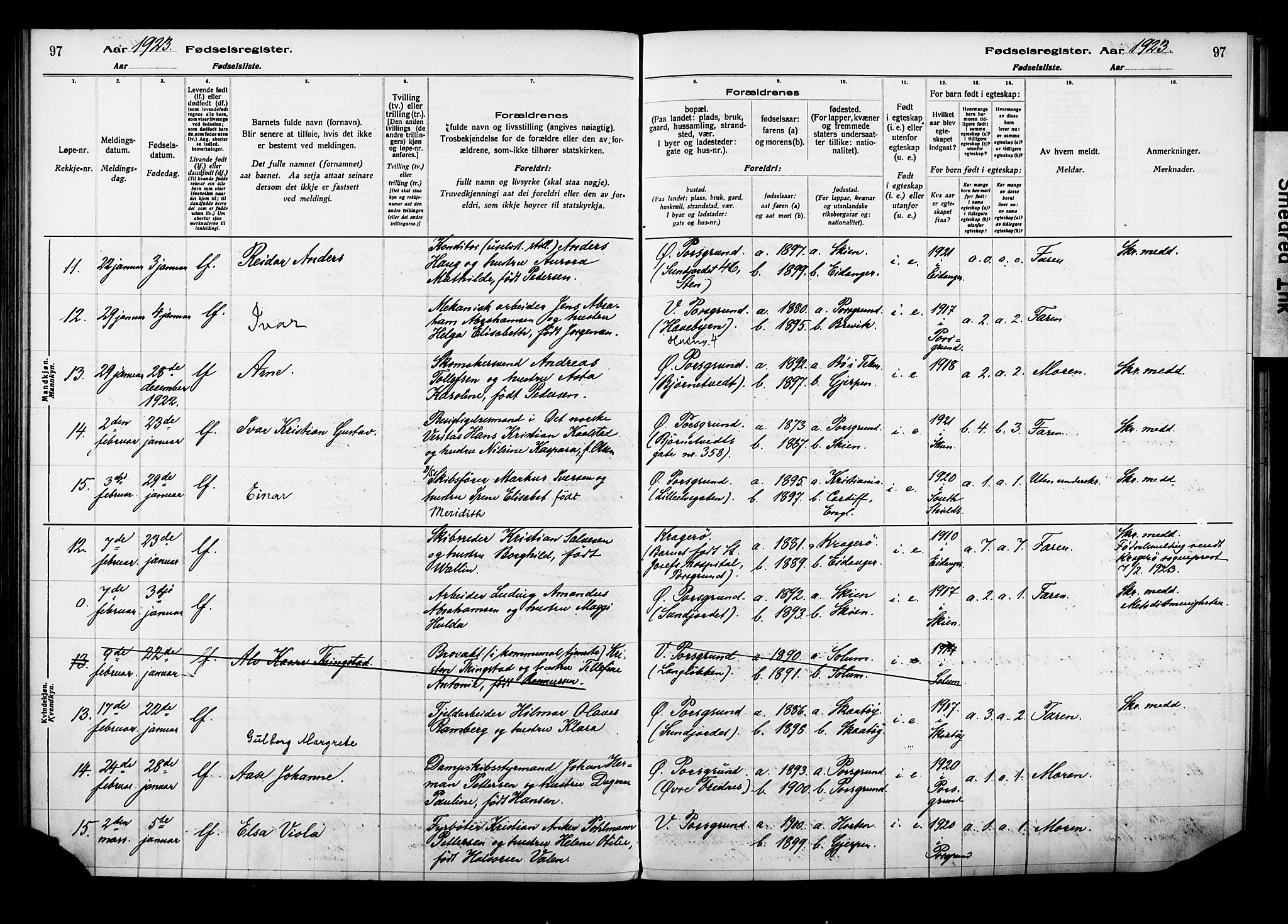 Porsgrunn kirkebøker , AV/SAKO-A-104/J/Ja/L0001: Birth register no. 1, 1916-1929, p. 97