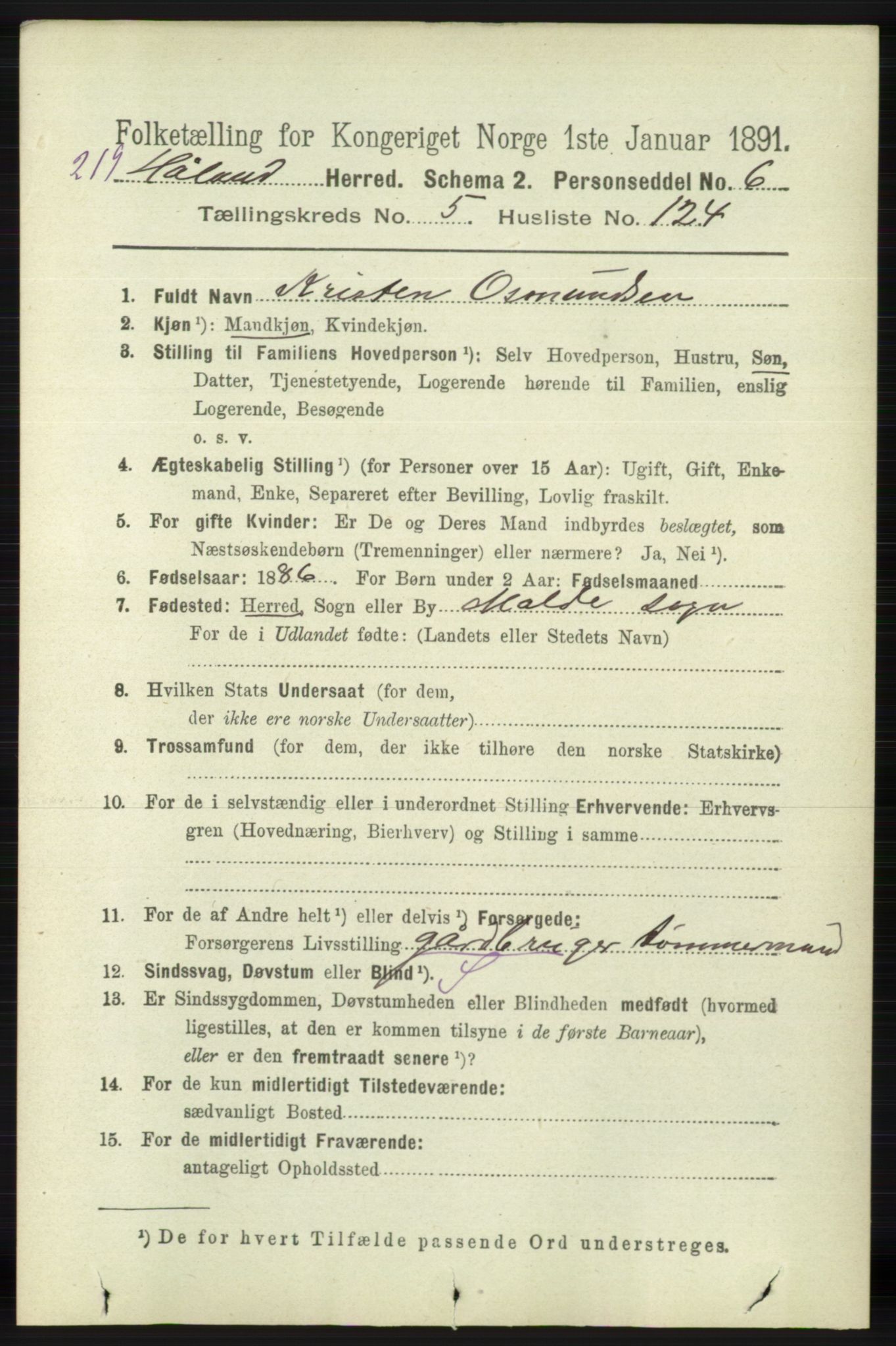 RA, 1891 census for 1124 Haaland, 1891, p. 4045