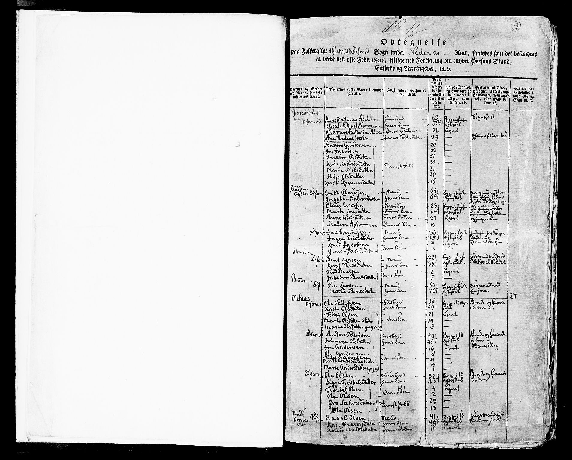 RA, 1801 census for 0911P Gjerstad, 1801, p. 1b-2a