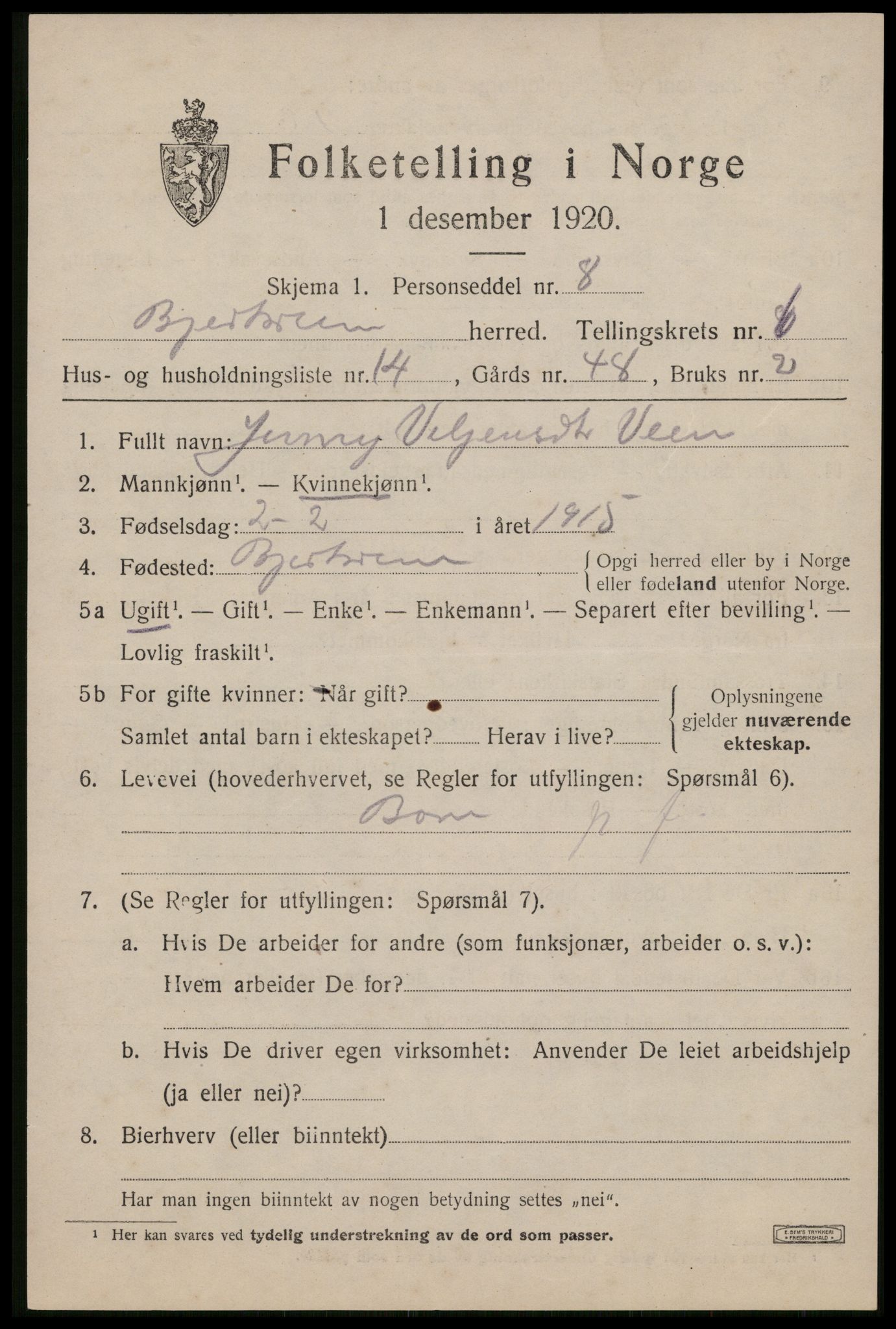 SAST, 1920 census for Bjerkreim, 1920, p. 2312