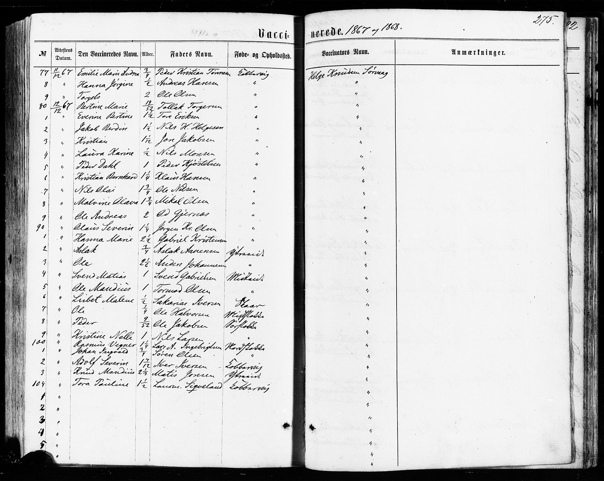 Avaldsnes sokneprestkontor, SAST/A -101851/H/Ha/Haa/L0011: Parish register (official) no. A 11, 1861-1880, p. 275