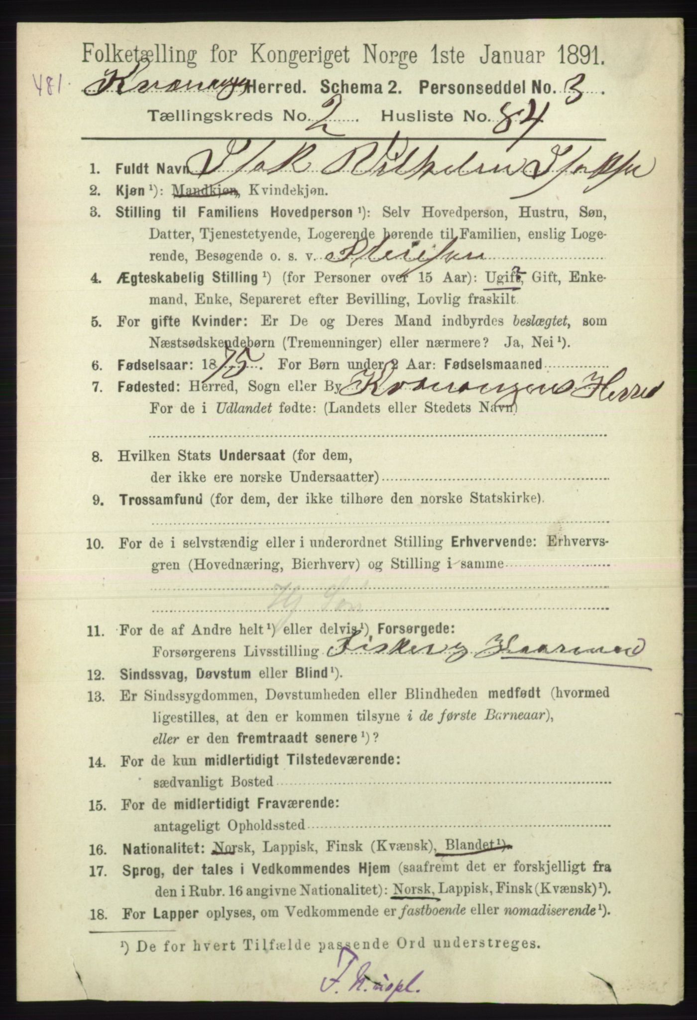 RA, 1891 census for 1943 Kvænangen, 1891, p. 995