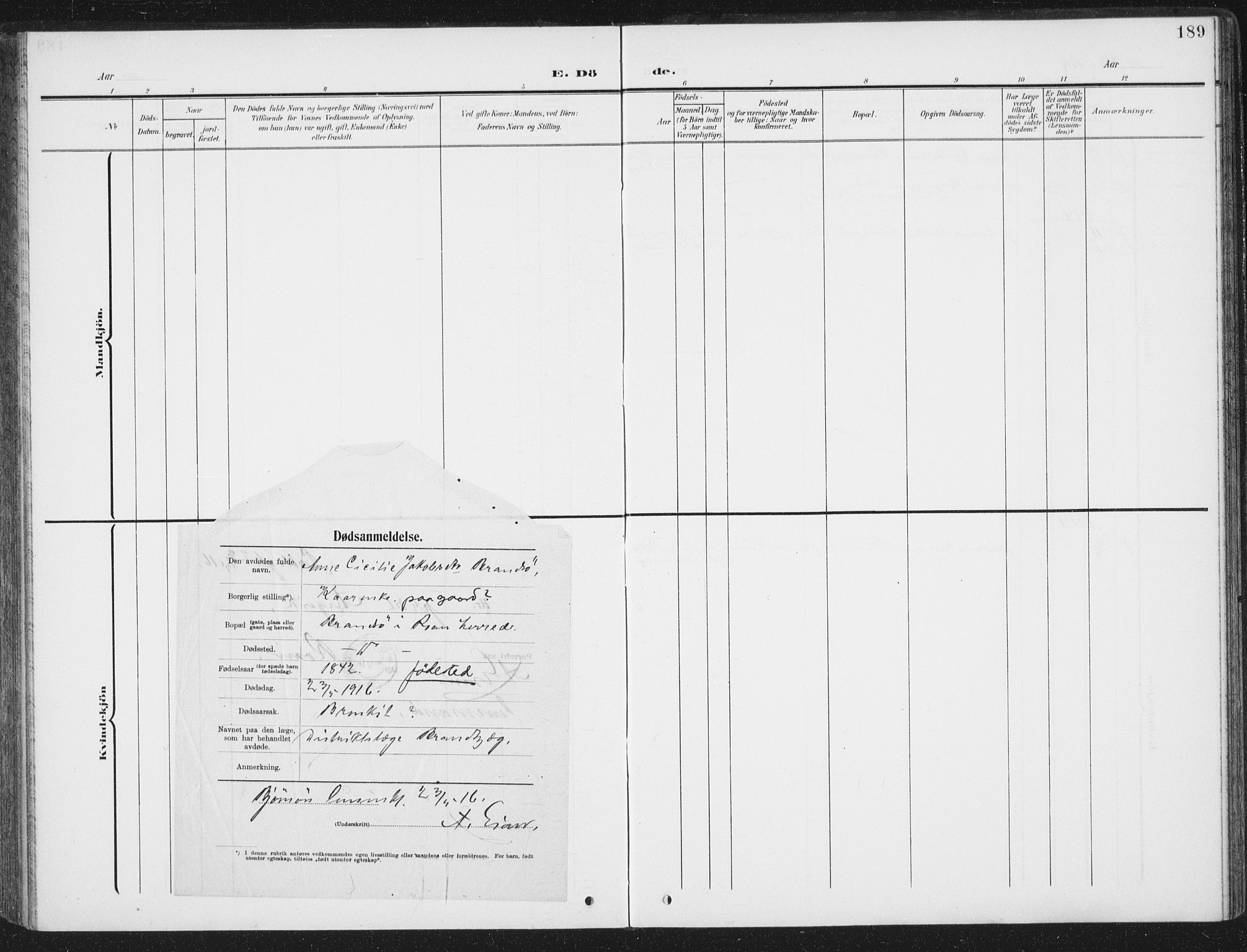 Ministerialprotokoller, klokkerbøker og fødselsregistre - Sør-Trøndelag, SAT/A-1456/657/L0709: Parish register (official) no. 657A10, 1905-1919, p. 189