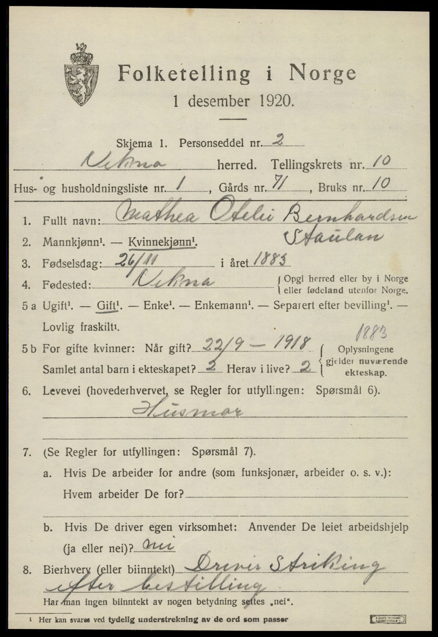 SAT, 1920 census for Vikna, 1920, p. 6707