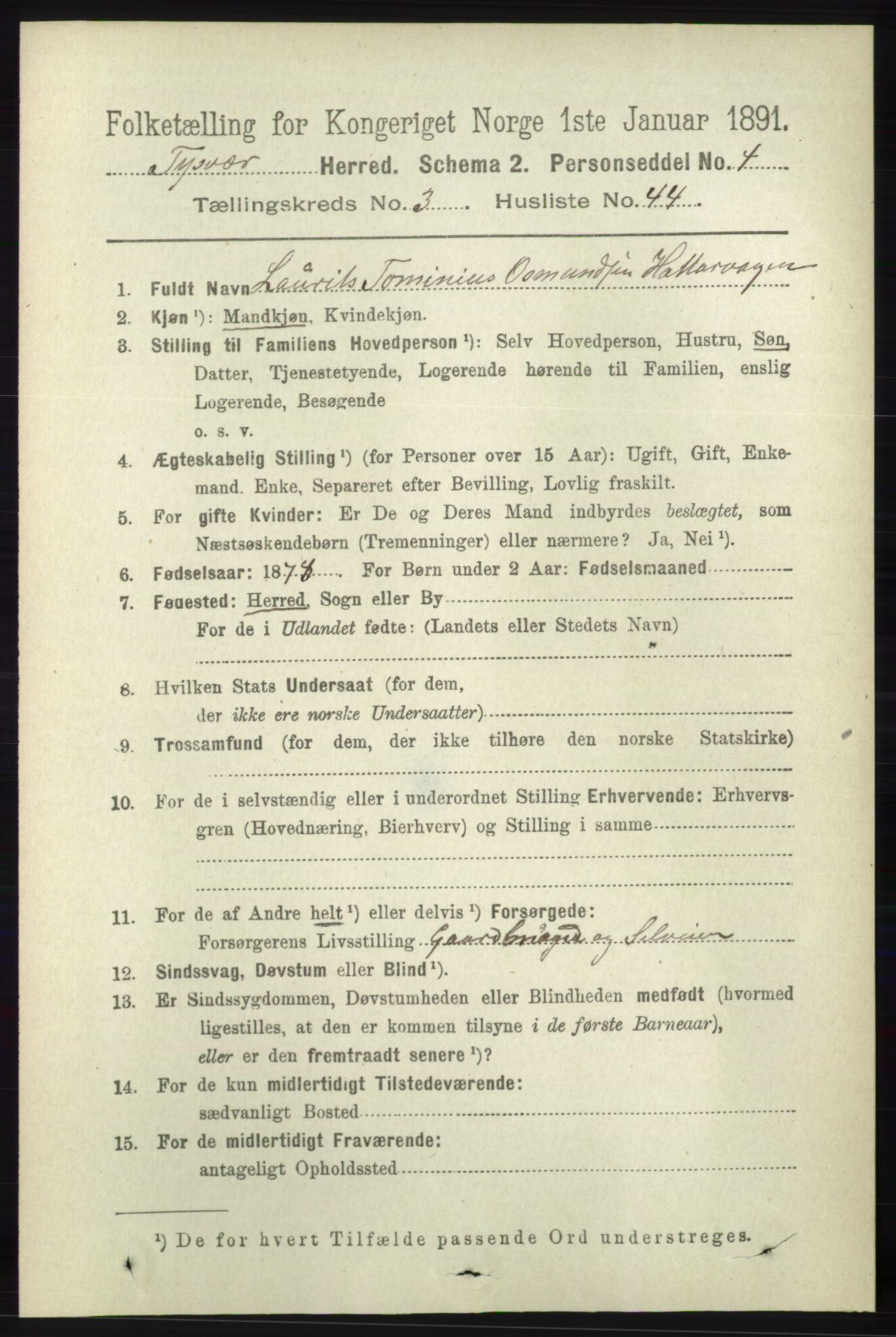 RA, 1891 census for 1146 Tysvær, 1891, p. 1443