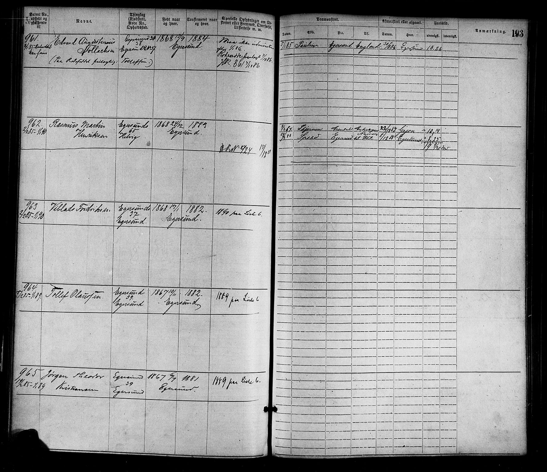 Egersund mønstringskrets, SAK/2031-0019/F/Fa/L0001: Annotasjonsrulle nr 1-1440 med register, O-1, 1869-1895, p. 216