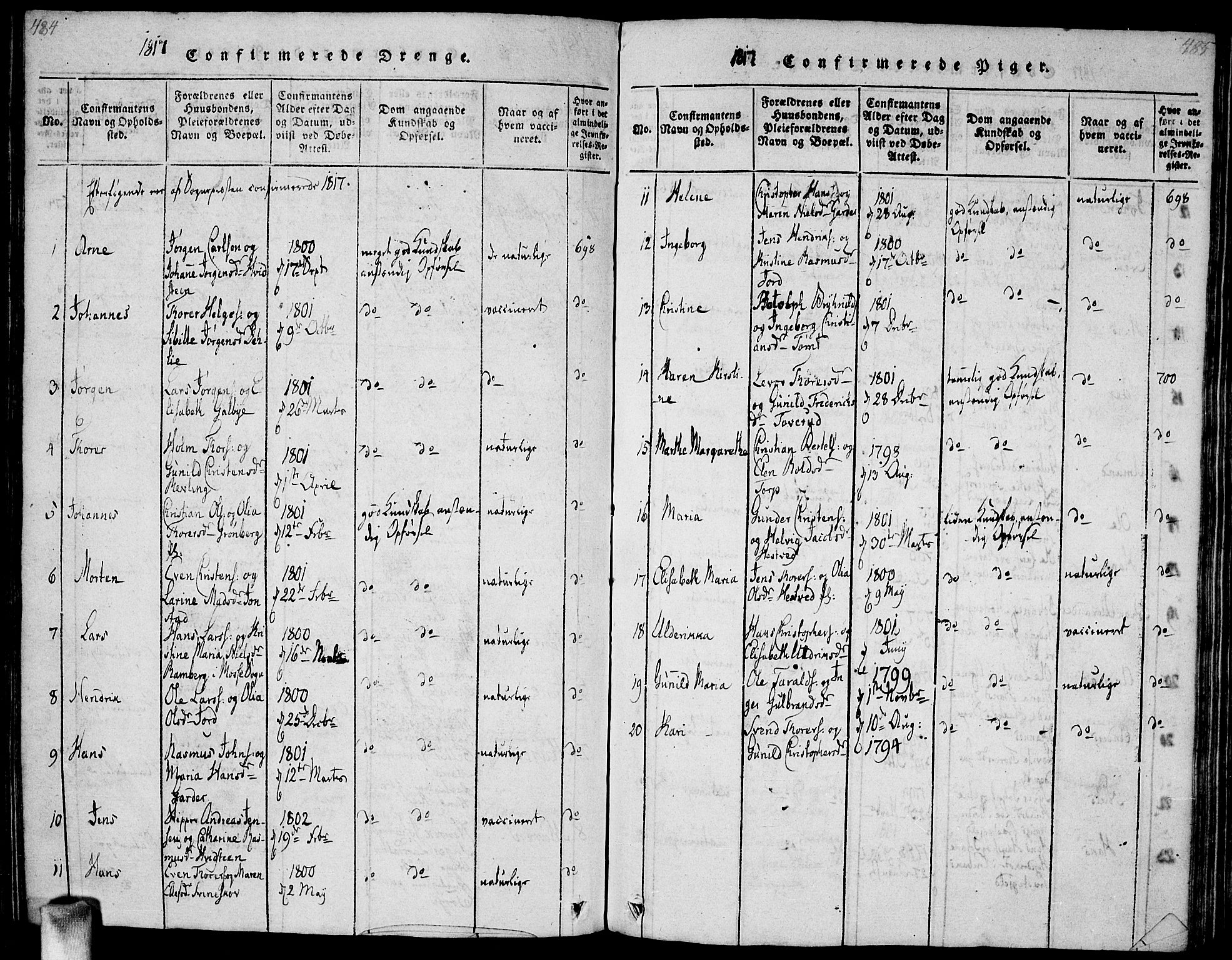 Vestby prestekontor Kirkebøker, SAO/A-10893/G/Ga/L0001: Parish register (copy) no. I 1, 1814-1827, p. 484-485