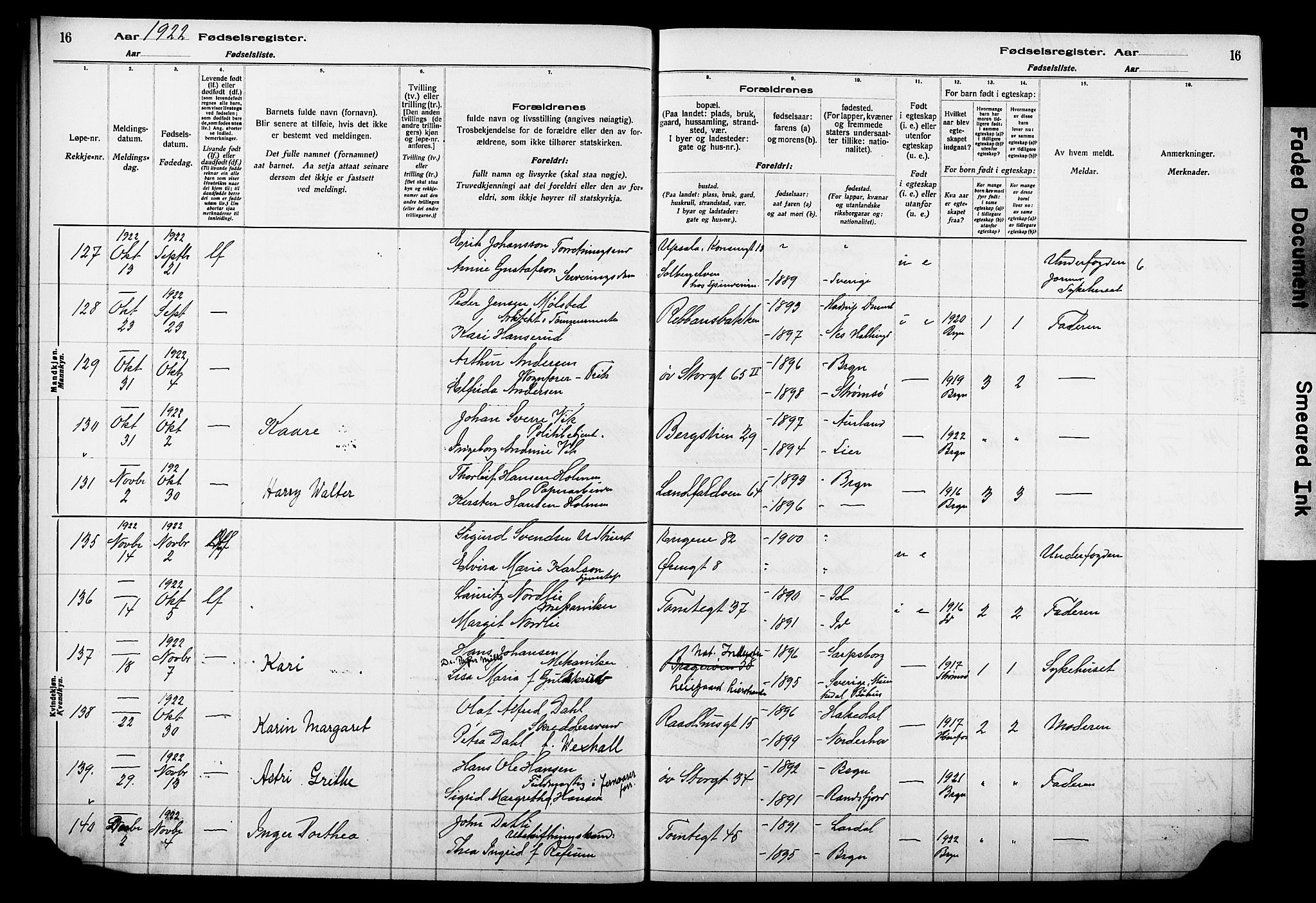 Bragernes kirkebøker, AV/SAKO-A-6/J/Ja/L0002: Birth register no. 2, 1922-1930, p. 16