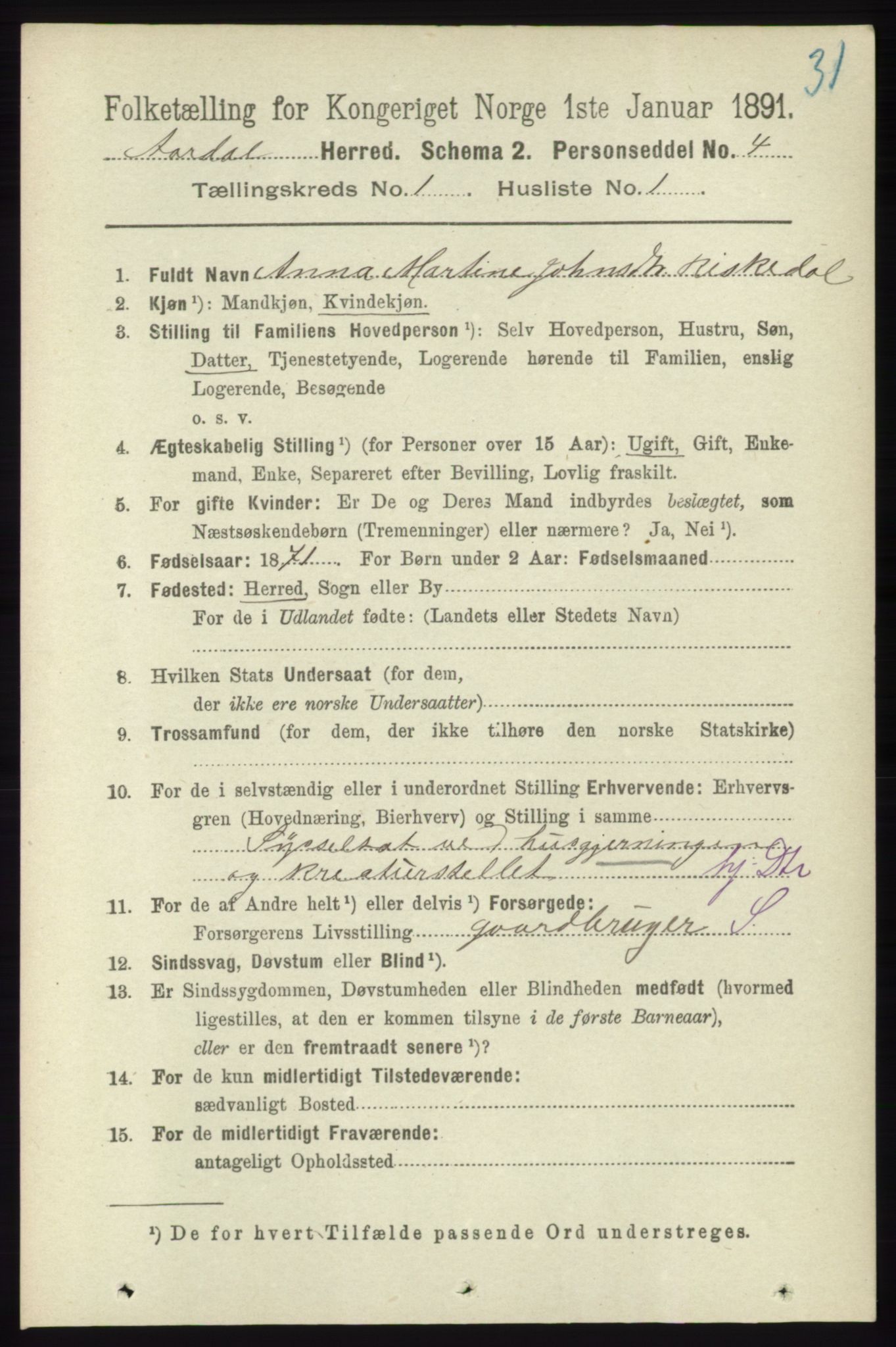 RA, 1891 census for 1131 Årdal, 1891, p. 108