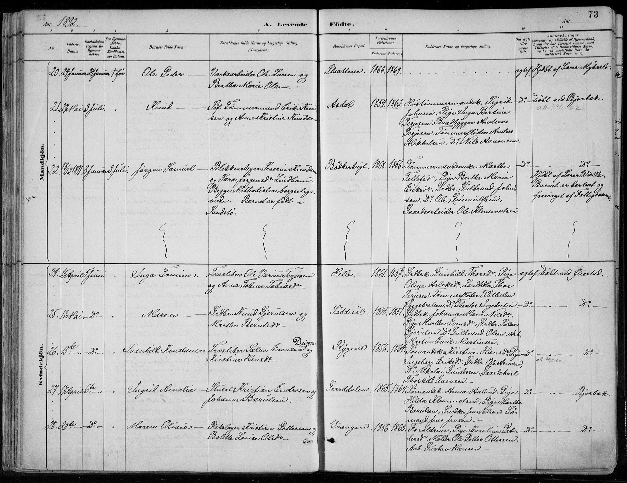 Øyestad sokneprestkontor, AV/SAK-1111-0049/F/Fa/L0017: Parish register (official) no. A 17, 1887-1896, p. 73