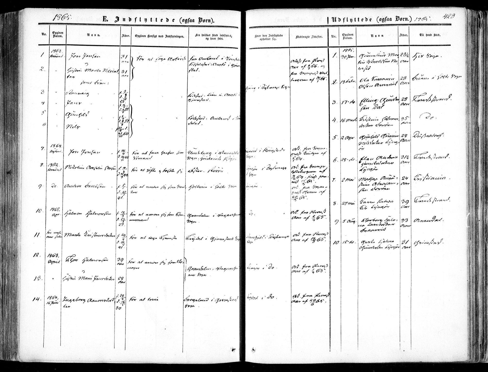 Dypvåg sokneprestkontor, SAK/1111-0007/F/Fa/Faa/L0006: Parish register (official) no. A 6, 1855-1872, p. 423