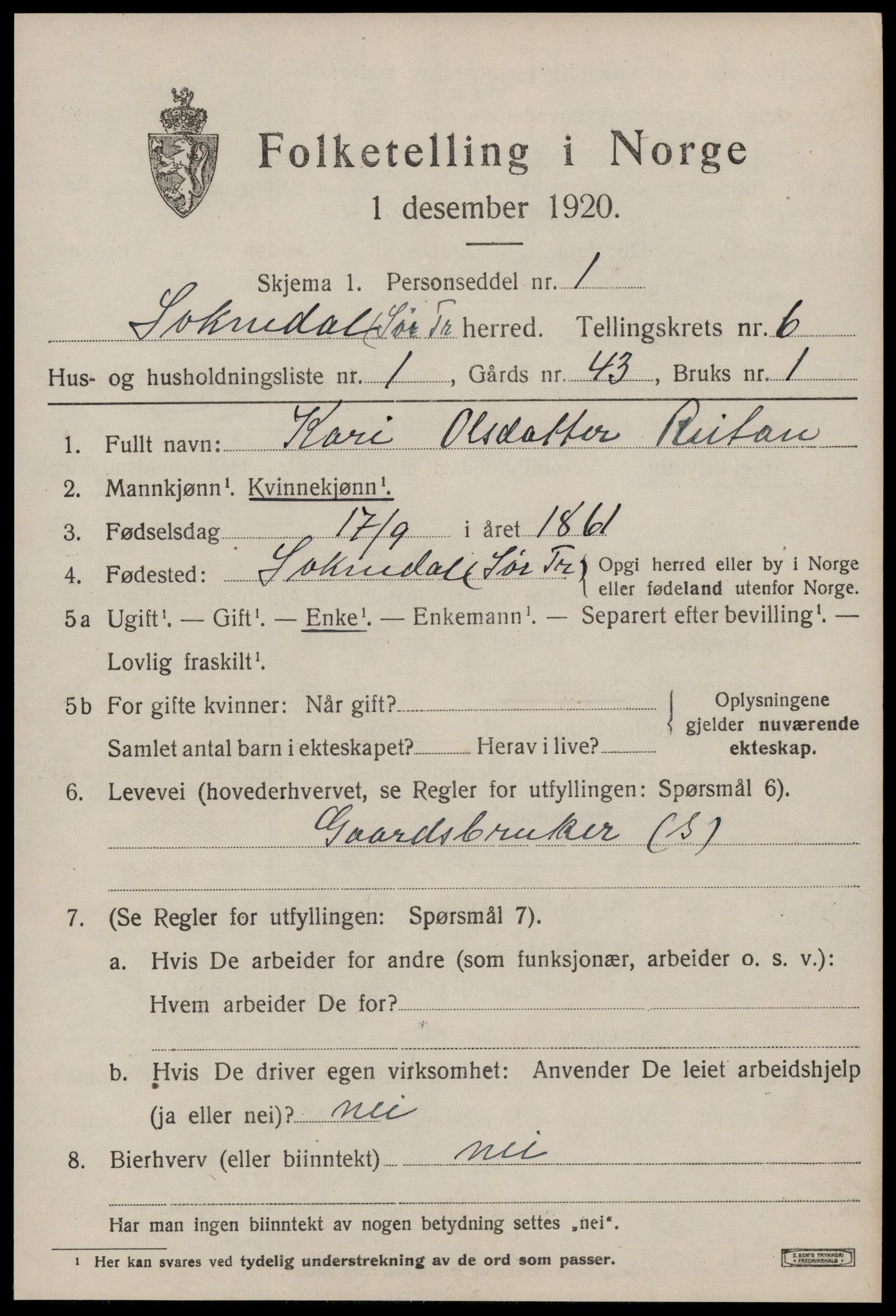 SAT, 1920 census for Soknedal, 1920, p. 3054