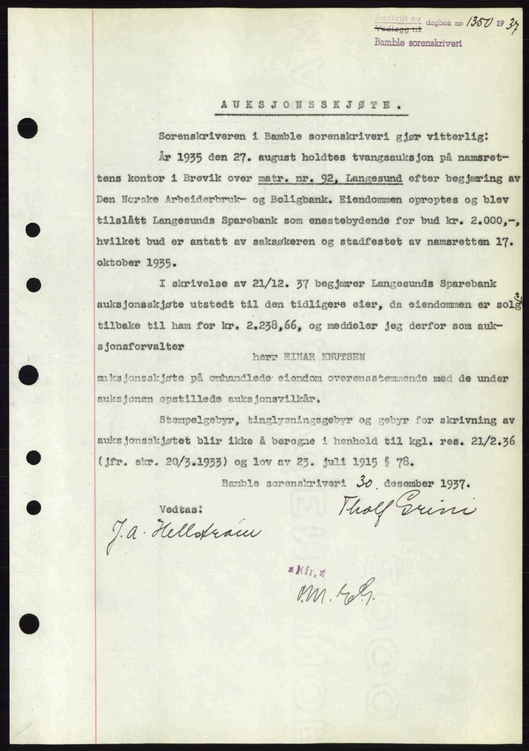 Bamble sorenskriveri, AV/SAKO-A-214/G/Ga/Gag/L0002: Mortgage book no. A-2, 1937-1938, Diary no: : 1350/1937