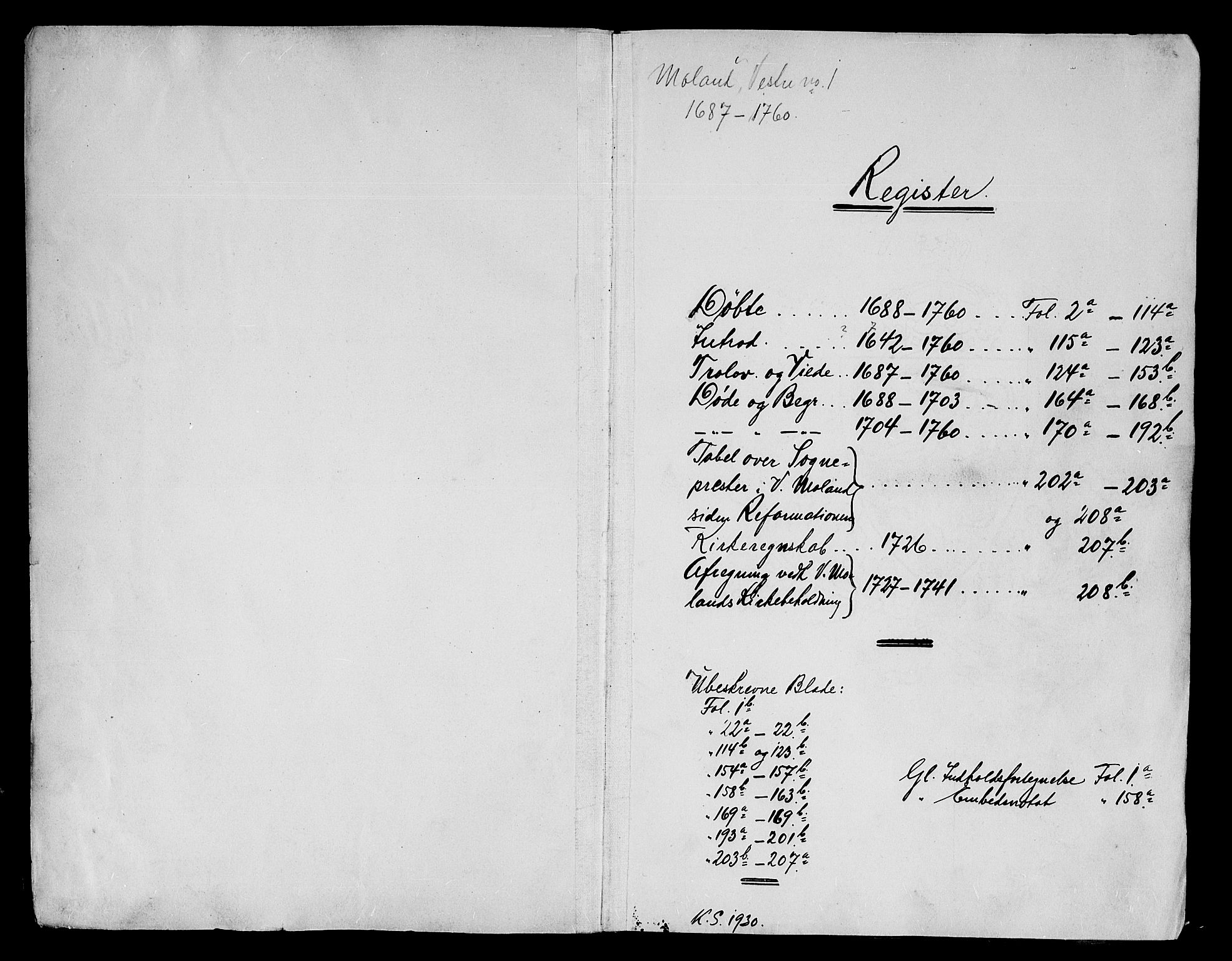Vestre Moland sokneprestkontor, SAK/1111-0046/F/Fa/Fab/L0001: Parish register (official) no. A 1, 1687-1760