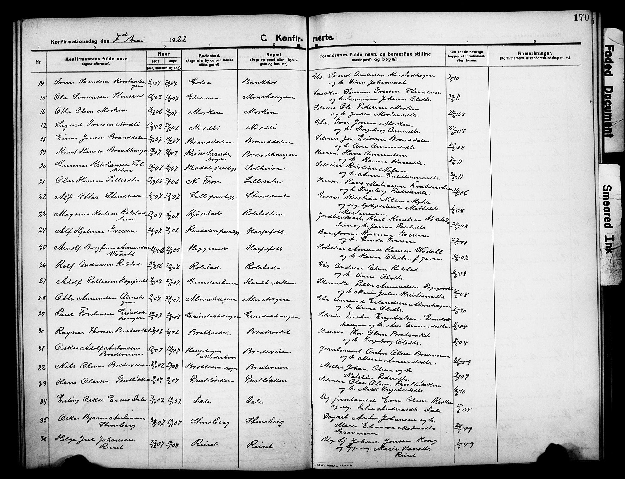 Sør-Fron prestekontor, AV/SAH-PREST-010/H/Ha/Hab/L0005: Parish register (copy) no. 5, 1912-1930, p. 170