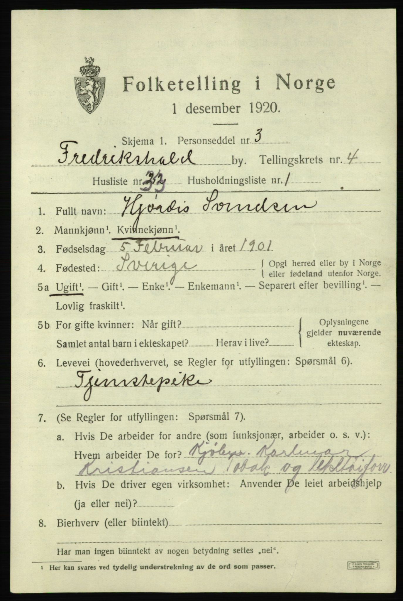 SAO, 1920 census for Fredrikshald, 1920, p. 11851