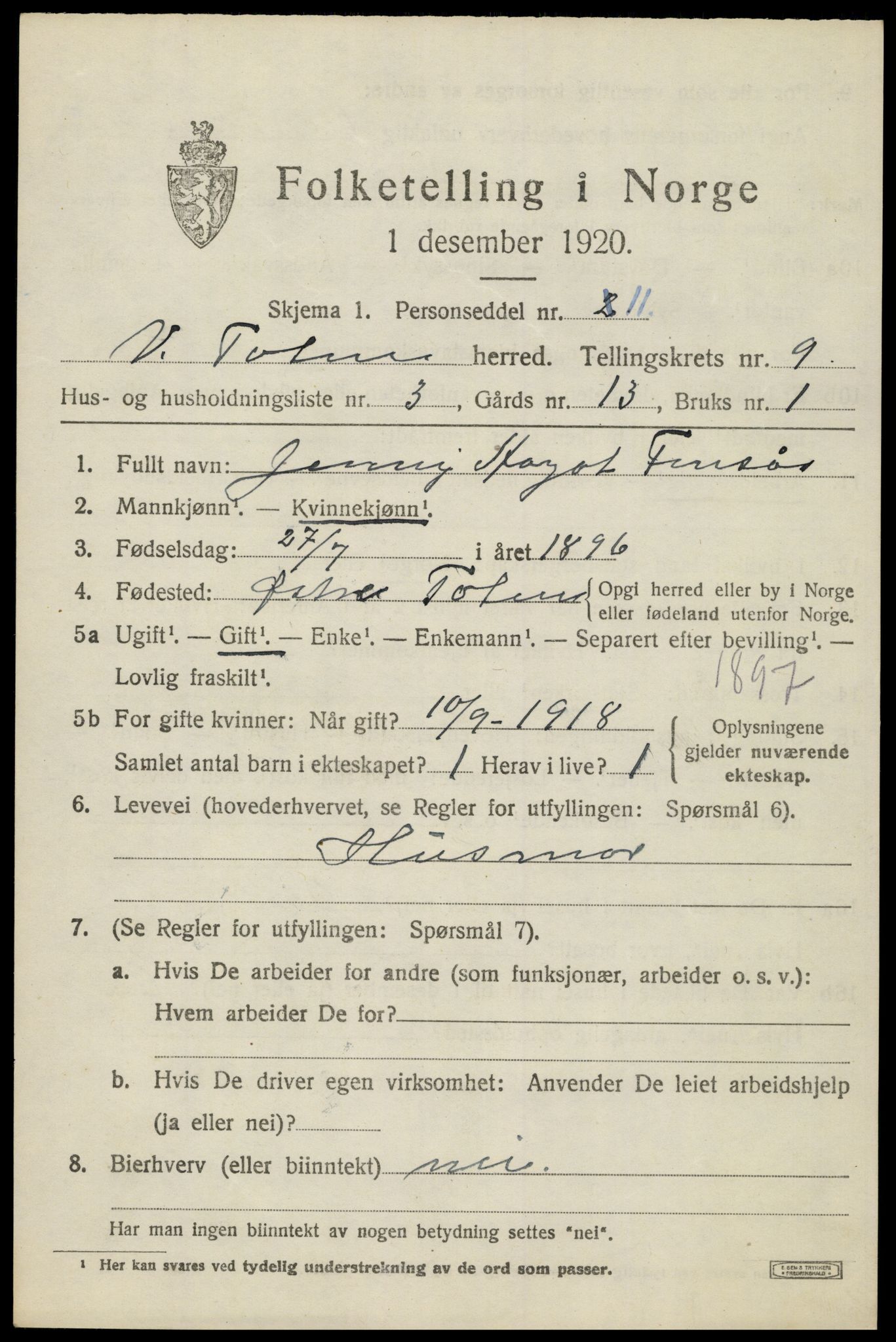 SAH, 1920 census for Vestre Toten, 1920, p. 11200