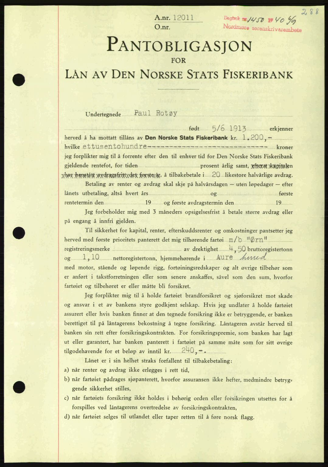 Nordmøre sorenskriveri, AV/SAT-A-4132/1/2/2Ca: Mortgage book no. B87, 1940-1941, Diary no: : 1450/1940