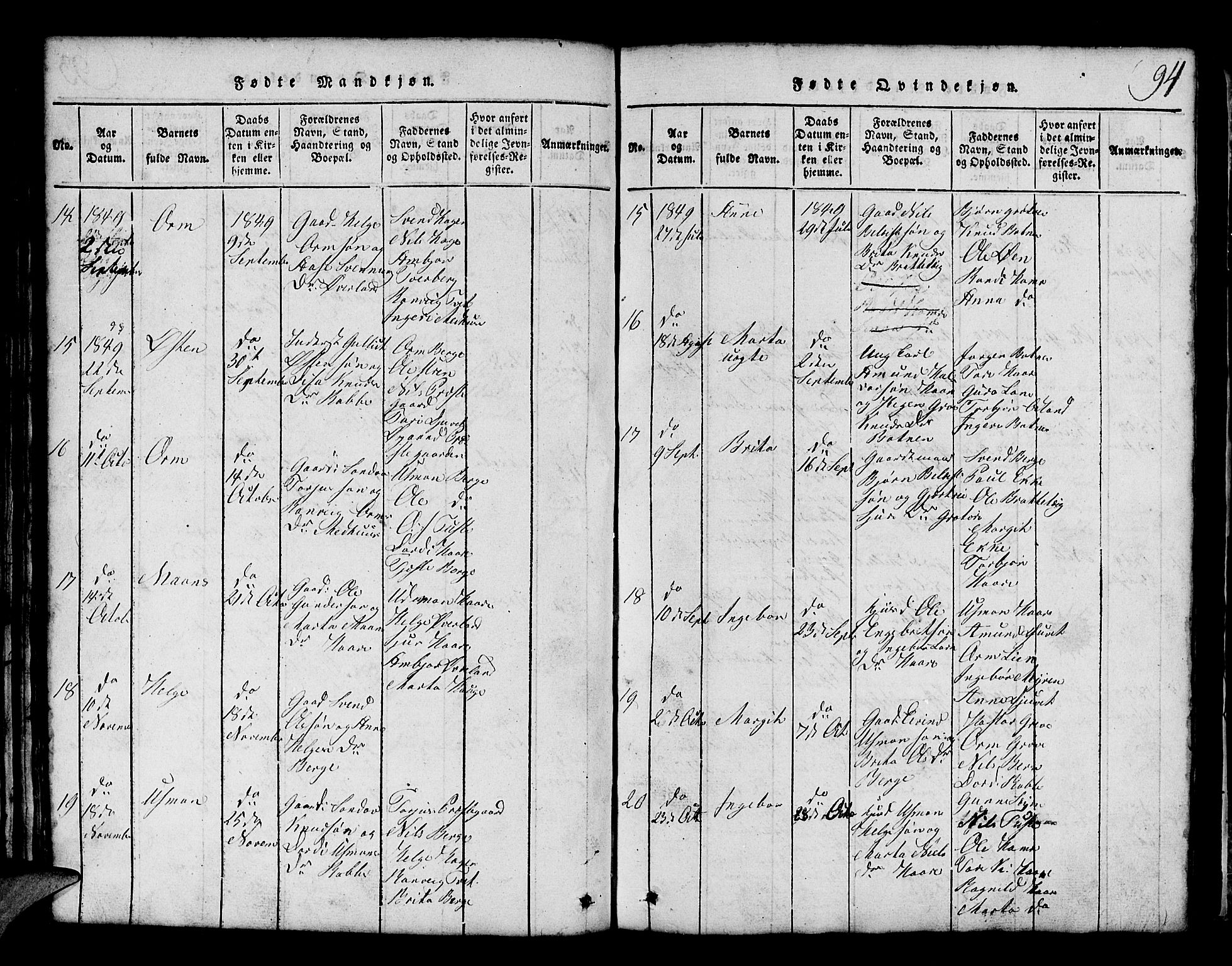 Røldal sokneprestembete, SAB/A-100247: Parish register (copy) no. A 1, 1817-1860, p. 94
