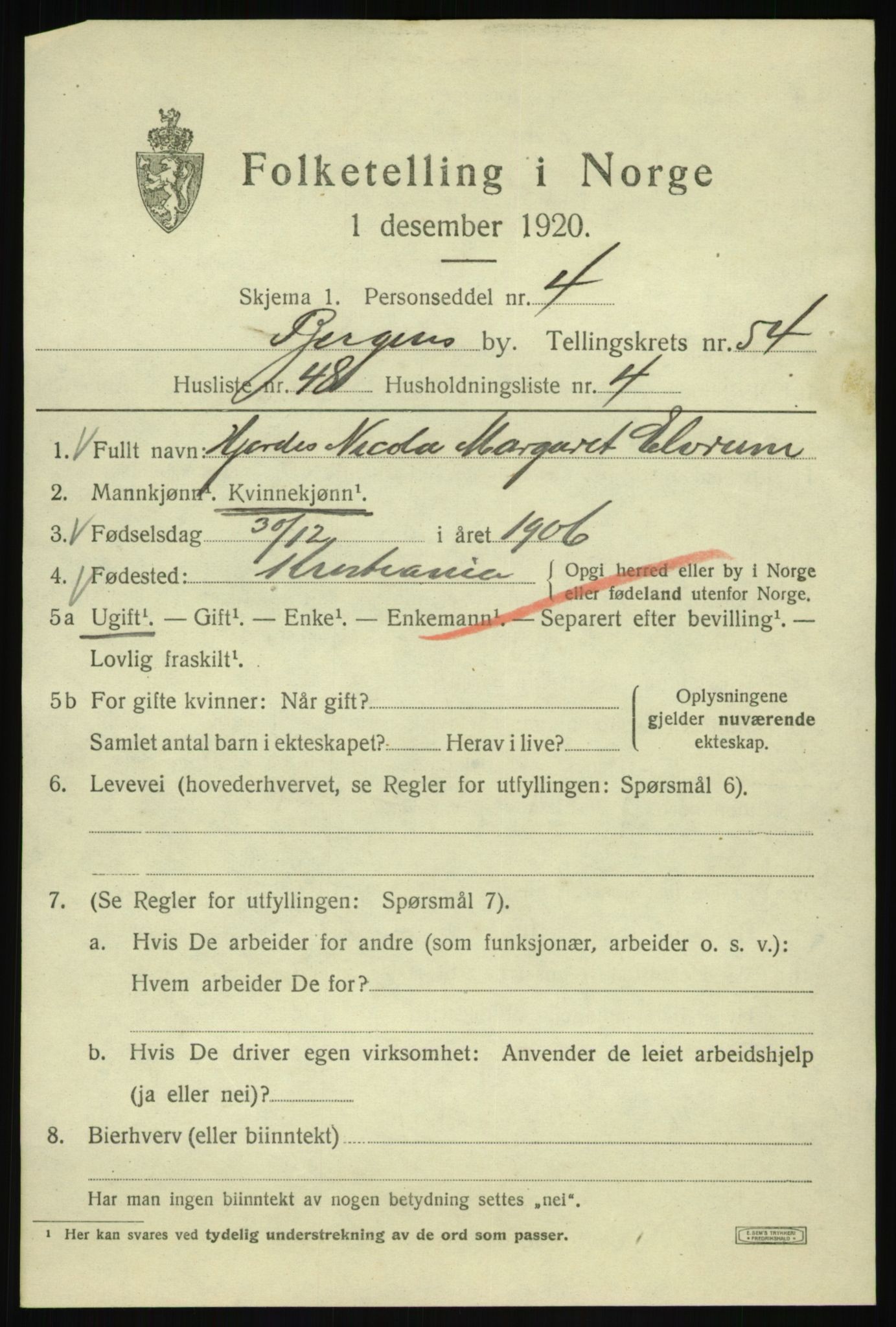 SAB, 1920 census for Bergen, 1920, p. 123689