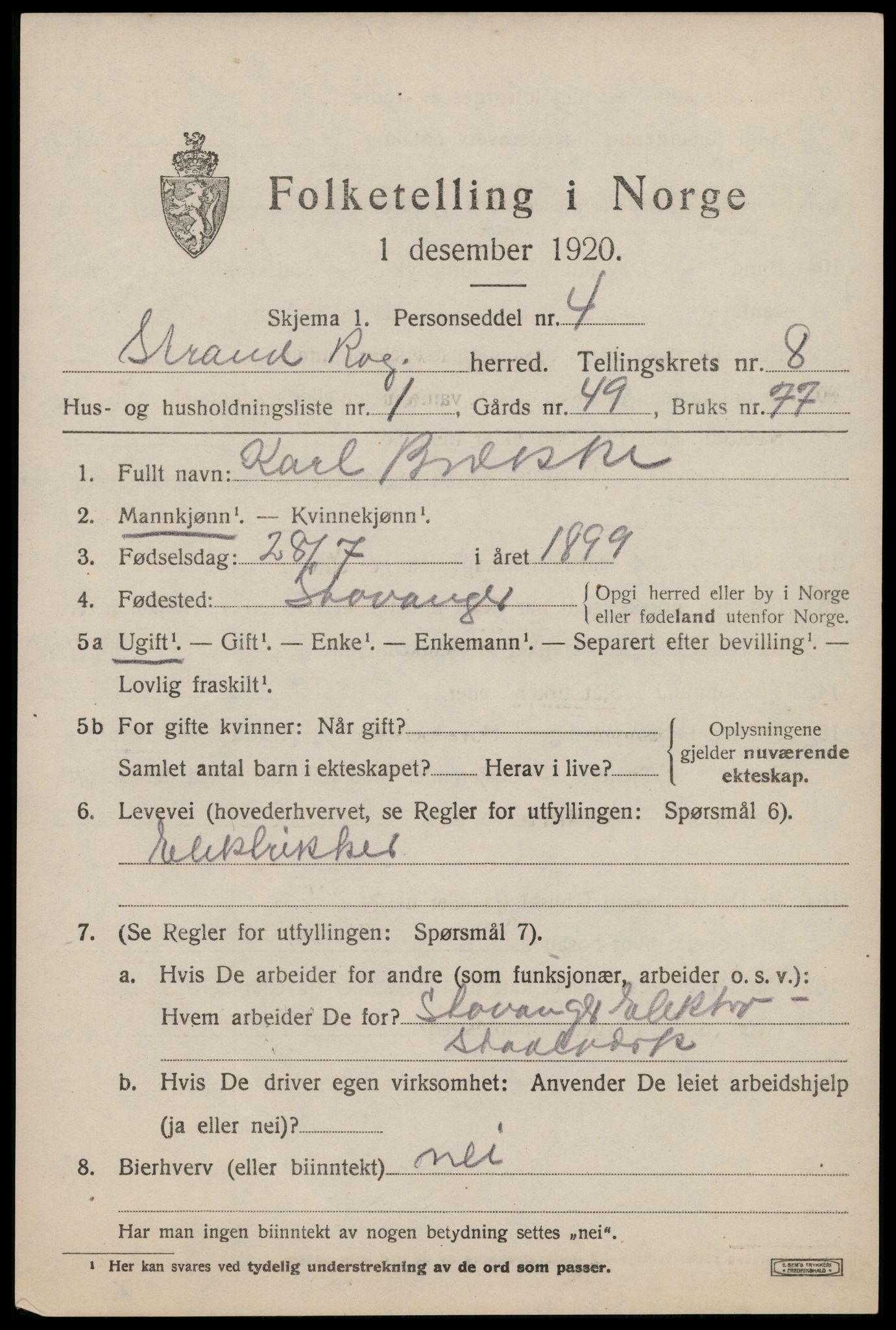 SAST, 1920 census for Strand, 1920, p. 4940