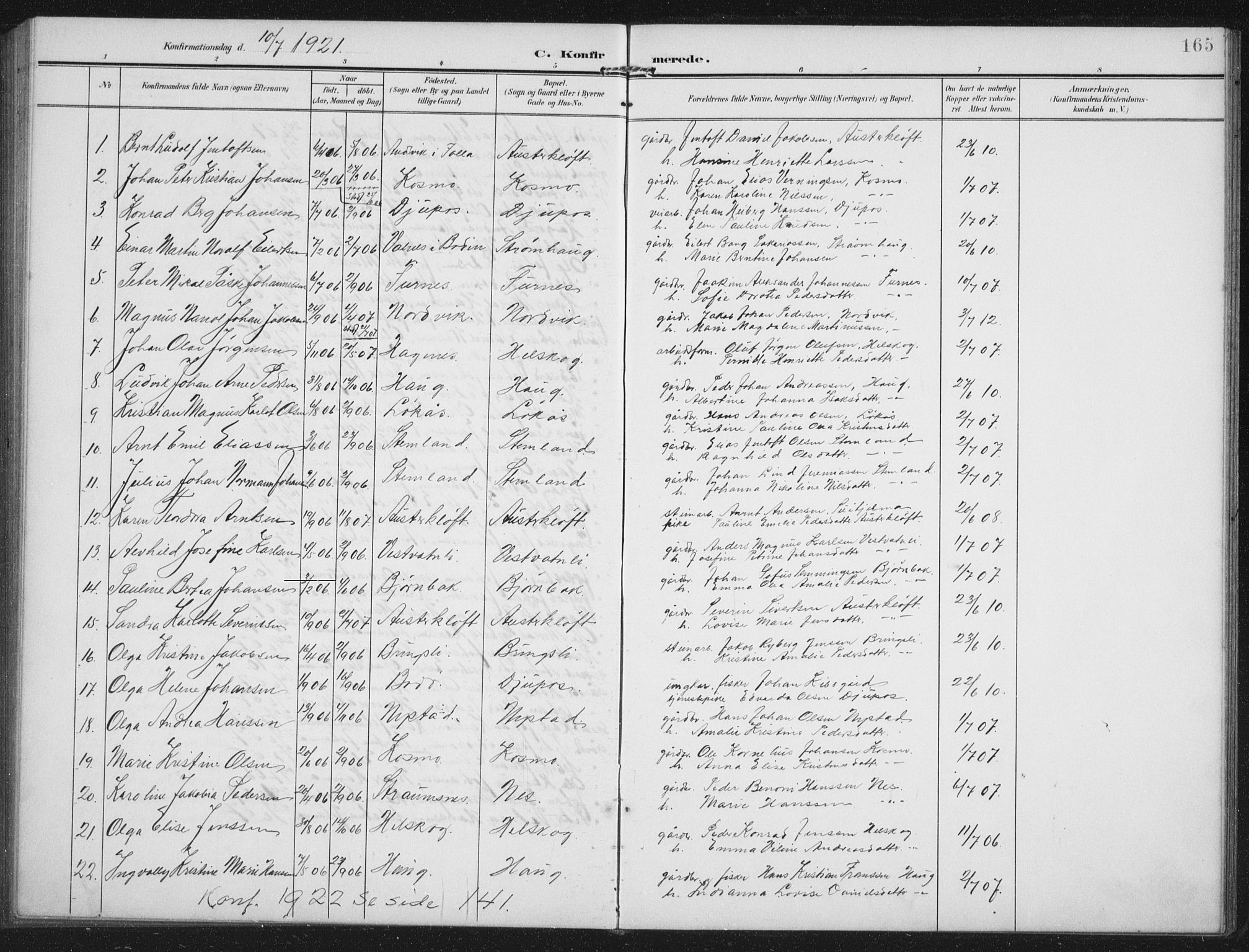 Ministerialprotokoller, klokkerbøker og fødselsregistre - Nordland, AV/SAT-A-1459/851/L0726: Parish register (copy) no. 851C01, 1902-1924, p. 165