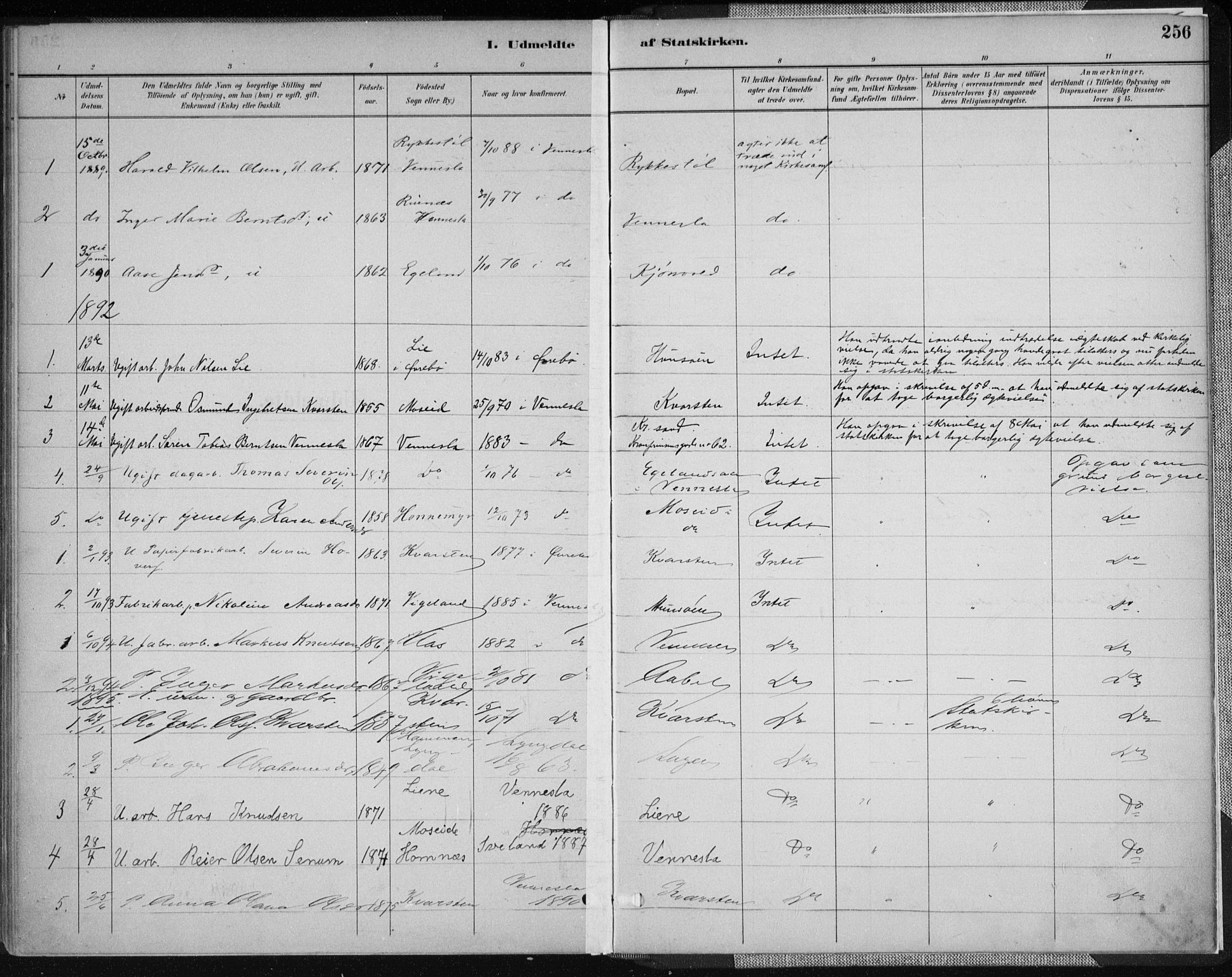 Vennesla sokneprestkontor, AV/SAK-1111-0045/Fa/Fab/L0004: Parish register (official) no. A 4, 1884-1896, p. 256