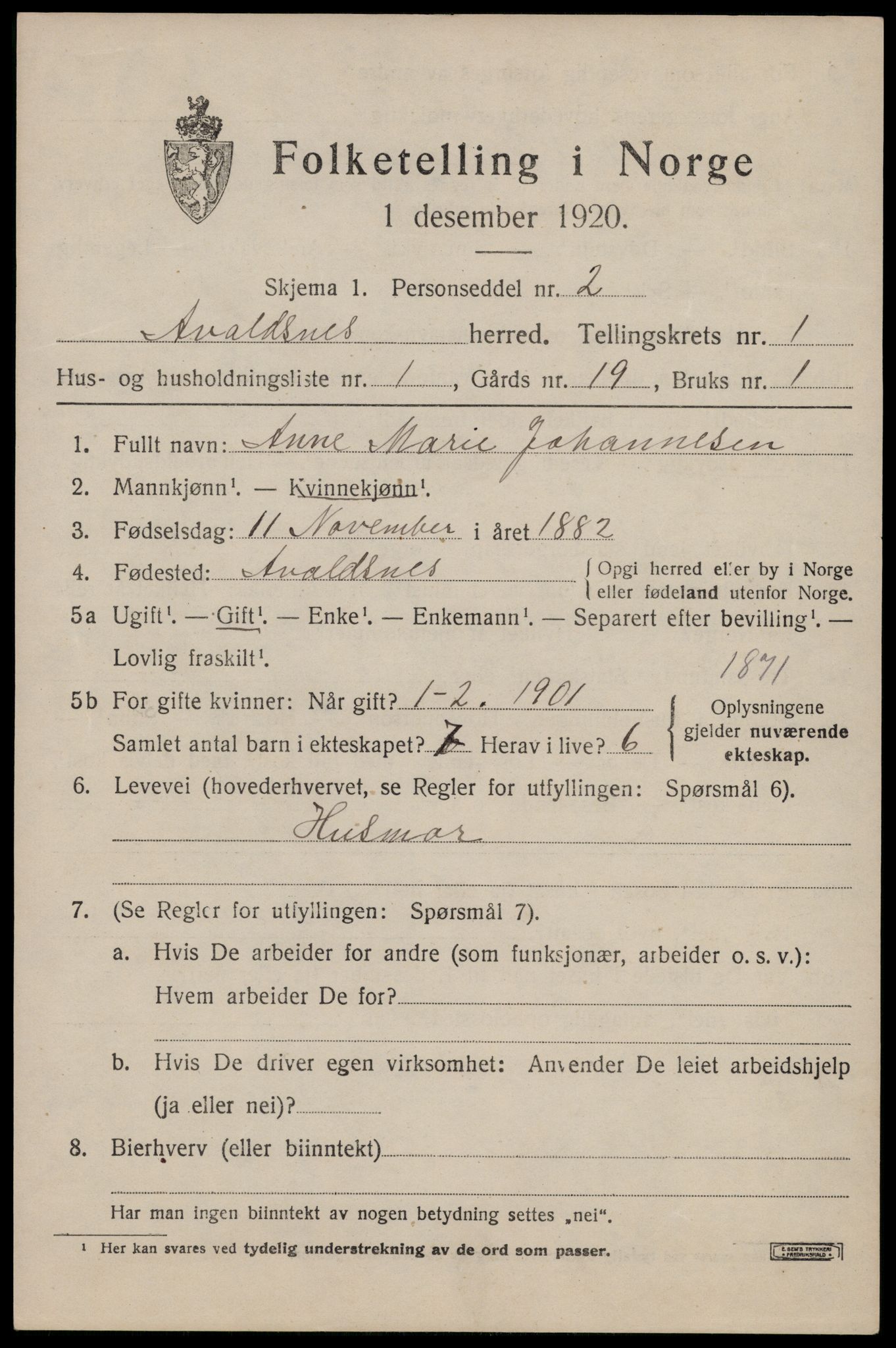 SAST, 1920 census for Avaldsnes, 1920, p. 1451